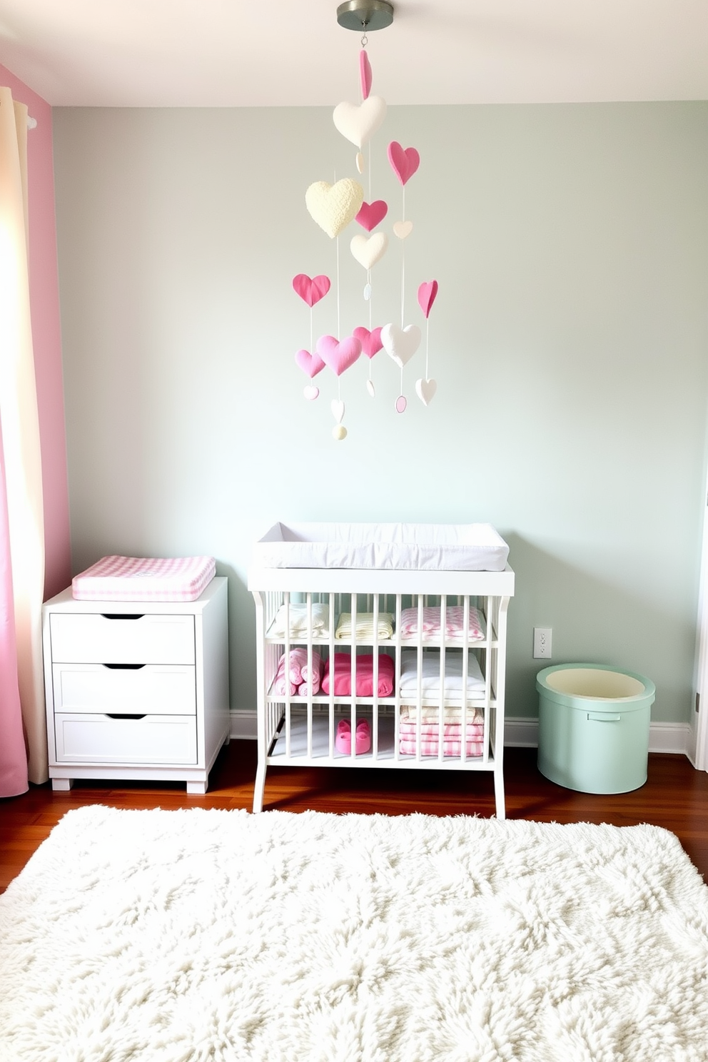 Create a cozy nursery space featuring a changing table adorned with DIY heart-shaped mobiles hanging from the ceiling. The walls are painted in soft pastel colors, and a plush rug is placed on the floor to provide comfort during diaper changes.