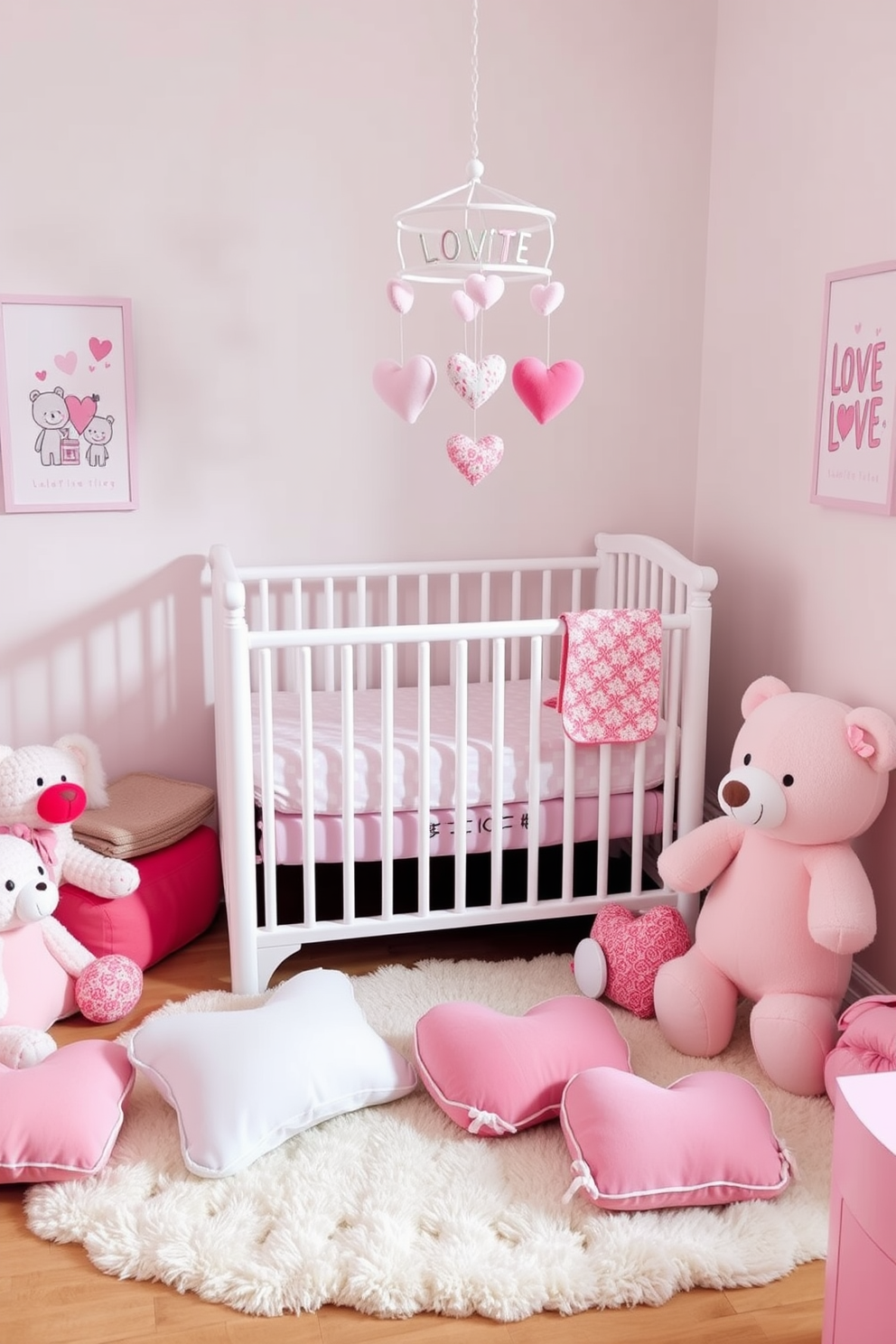 A charming nursery setting filled with Valentine themed plush toys. Soft pastel colors dominate the room, with heart-shaped cushions scattered on a cozy rug. A whimsical mobile hangs above the crib, adorned with cute plush hearts and teddy bears. The walls are decorated with playful artwork featuring love-themed illustrations and soft pink accents.