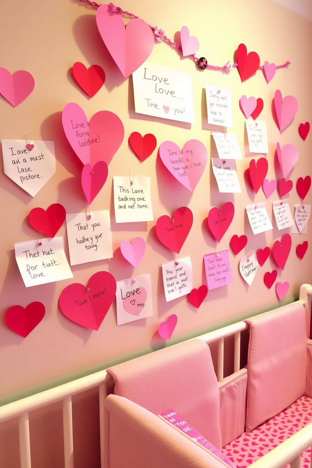 Heartfelt love notes are beautifully displayed on the nursery wall, each note crafted with colorful paper and playful designs. The space is adorned with soft pastel colors, creating a warm and inviting atmosphere perfect for celebrating Valentine's Day.