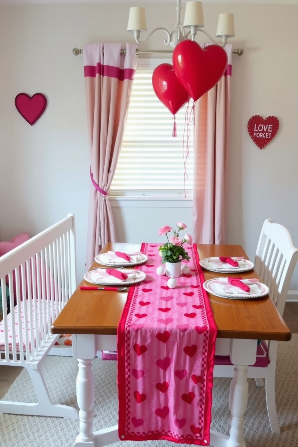 A charming nursery setting adorned with a pink and red table runner that adds a festive touch for Valentine's Day. The table is set with heart-shaped decorations and small floral arrangements, creating a warm and inviting atmosphere.