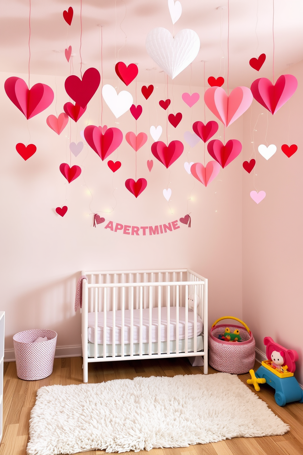 A whimsical nursery adorned with hanging paper hearts suspended from the ceiling creates a playful atmosphere. The walls are painted in a soft pastel color, and a cozy crib is positioned beneath the heart decorations, inviting warmth and love. Delicate string lights intertwine with the hearts, adding a magical glow to the space. A plush rug in the center of the room offers a comfortable play area, while colorful toys are neatly arranged nearby, enhancing the festive Valentine’s Day theme.