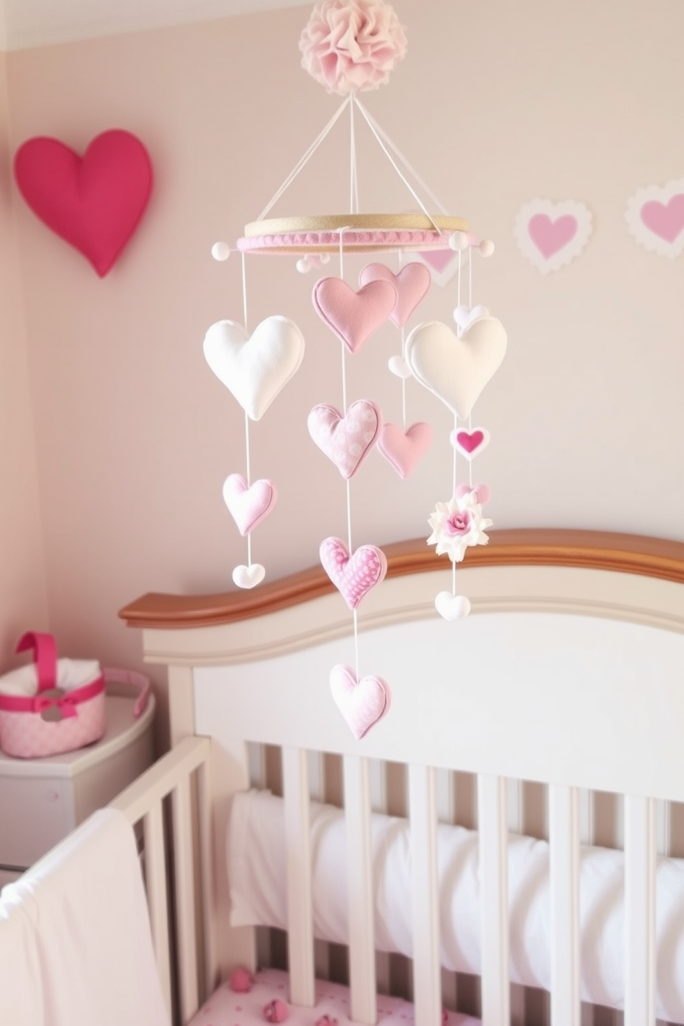 A charming nursery adorned for Valentine's Day. A whimsical mobile hangs above the crib, featuring soft pastel hearts and delicate fabric flowers.