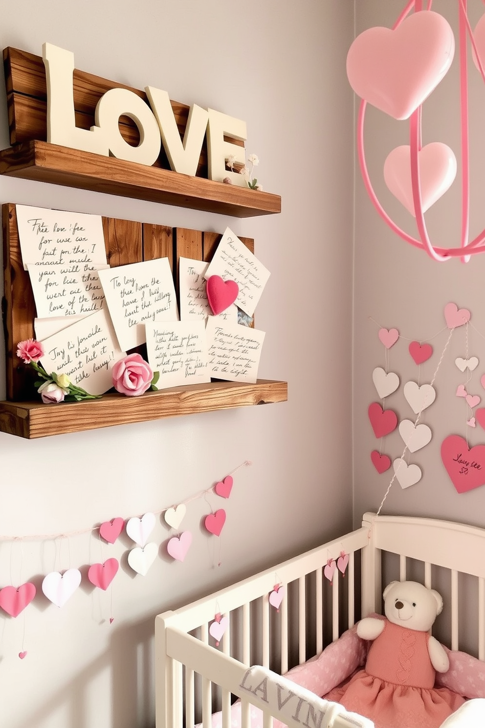 Decorative love letters are artistically arranged on rustic wooden shelves, creating a warm and inviting atmosphere. Soft pastel colors and delicate floral accents complement the letters, enhancing the romantic theme. In the nursery, charming Valentine's Day decorations bring a playful touch to the space. Whimsical heart-shaped garlands and plush toys add a sense of joy and love to the room, perfect for celebrating the occasion.