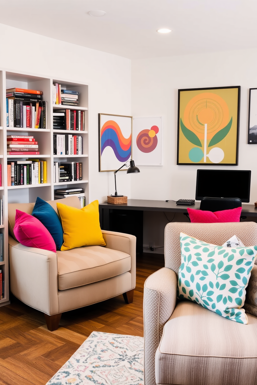 Cozy reading nook with colorful cushions. A plush armchair is nestled in the corner, surrounded by shelves filled with books and vibrant throw pillows. Office playroom design ideas. A multifunctional space features a sleek desk paired with playful wall art, while a comfortable seating area invites creativity and relaxation.