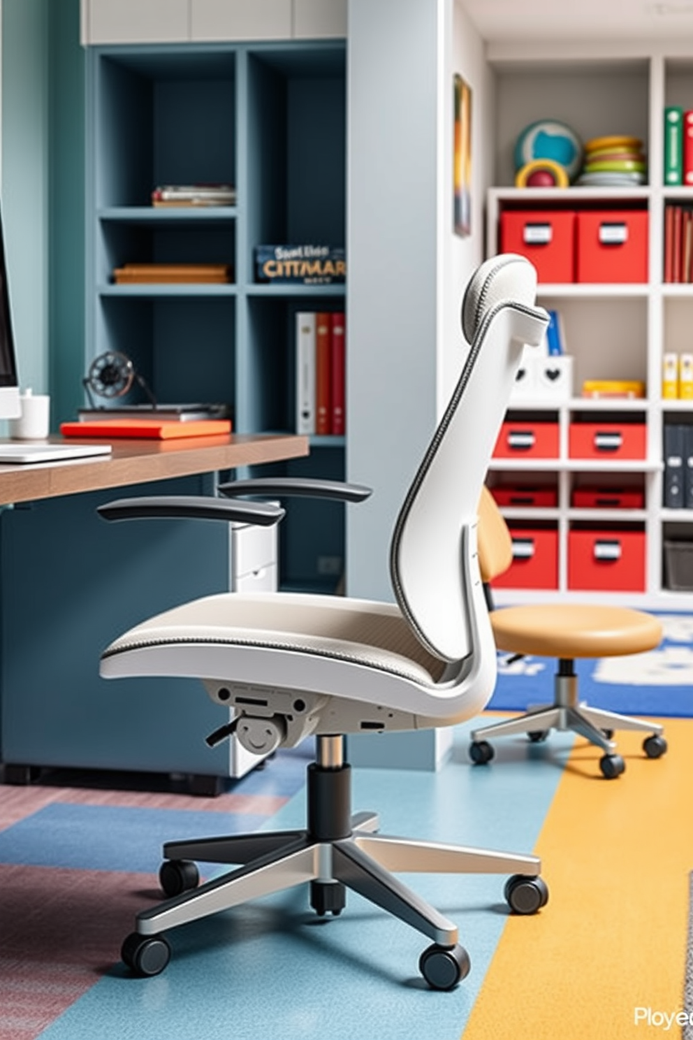 A sleek ergonomic chair designed for adult comfort features a contoured backrest and adjustable armrests. The upholstery is a soft, breathable fabric in a neutral tone, complemented by a sturdy base with smooth-rolling casters. The office playroom design combines functionality with creativity, incorporating vibrant colors and playful elements. A spacious layout allows for both work and play, with dedicated zones for focused tasks and imaginative activities.