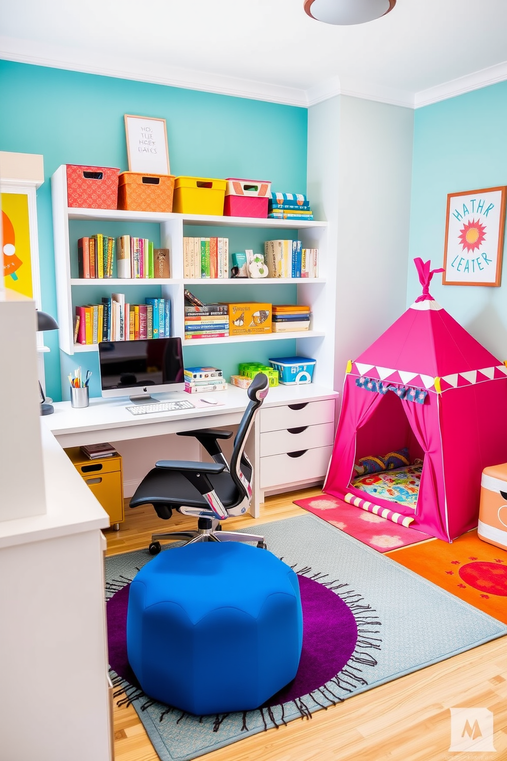 A vibrant playroom designed for creativity and productivity. The space features a cozy office nook with a sleek desk and ergonomic chair, while a colorful play tent occupies the corner, inviting imaginative adventures. Brightly colored rugs and wall art add a playful touch, enhancing the cheerful atmosphere. Shelves are filled with books and toys, ensuring the room is both functional and fun for all ages.