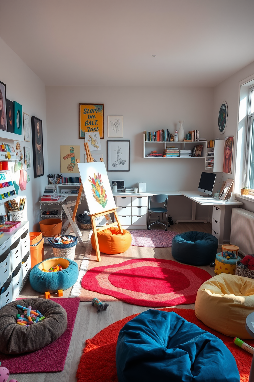 A vibrant art station filled with colorful supplies and a large easel stands in a well-lit corner of the room. The walls are adorned with inspiring artwork and shelves filled with paints, brushes, and sketchbooks. An organized office space features a sleek desk with a modern chair and a computer setup. Natural light streams in through a large window, creating an inviting atmosphere for productivity. A playful playroom is designed with soft, colorful rugs and a variety of toys scattered around. Cozy seating areas with bean bags invite children to relax and engage in creative activities.