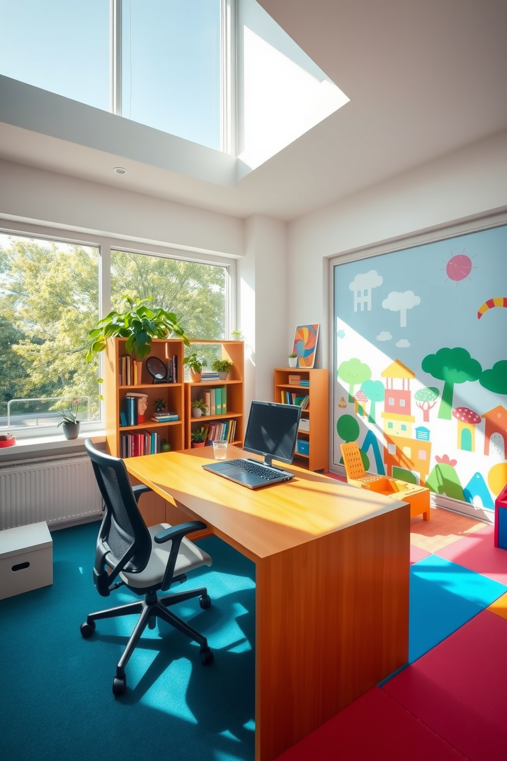 A bright and airy office space filled with natural light pouring in through large floor-to-ceiling windows. The room features a sleek wooden desk facing the windows with a comfortable ergonomic chair and shelves filled with books and plants. A vibrant playroom designed for creativity and fun, showcasing colorful wall murals and soft play mats. Large windows allow natural light to illuminate the space, creating an inviting atmosphere for children to explore and play.