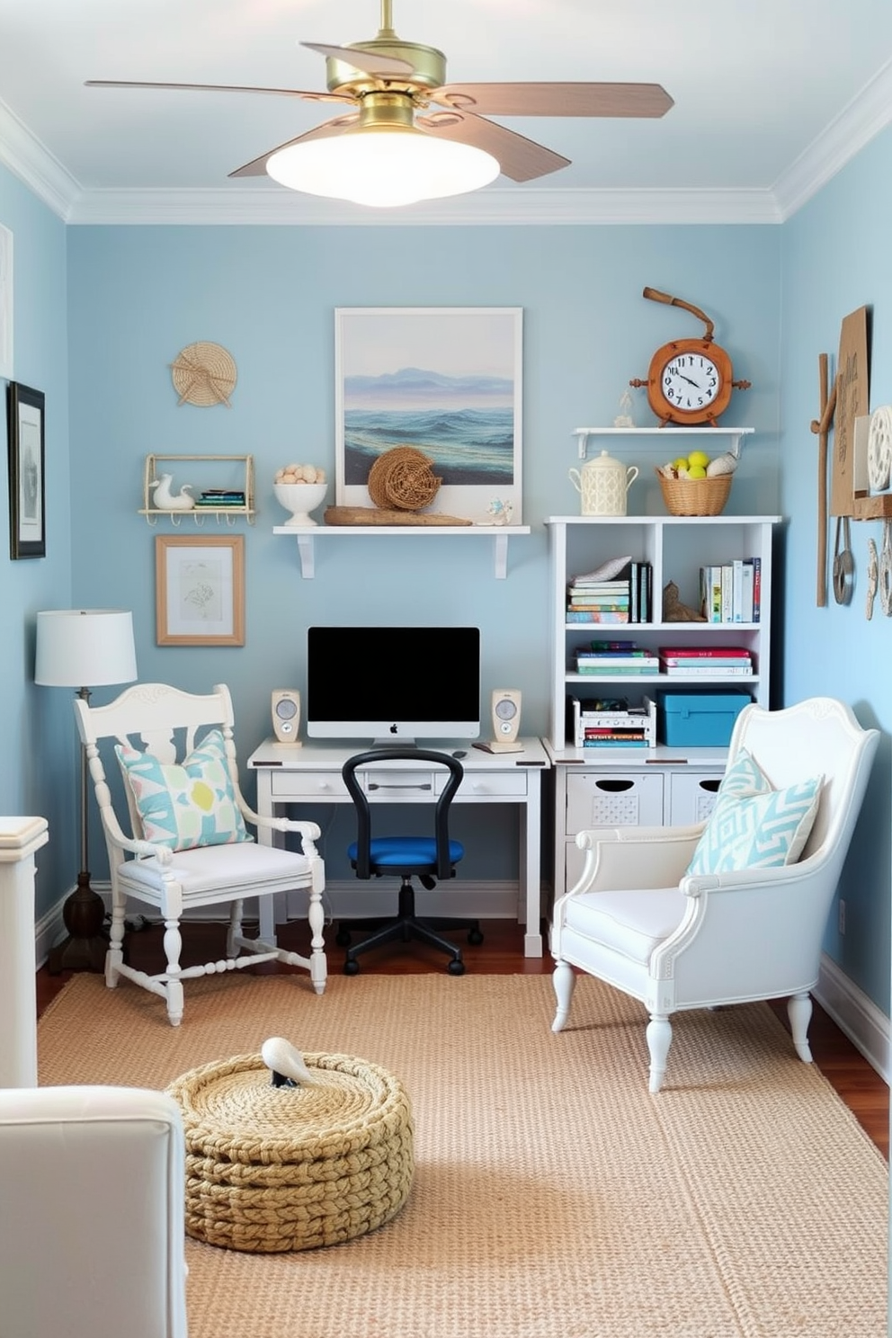 Themed decor for a cohesive look. Imagine a living room where each element reflects a coastal theme, featuring soft blue walls, whitewashed furniture, and decorative accents like seashells and driftwood. Office playroom design ideas. Envision a vibrant workspace that doubles as a play area, with a bright color palette, playful furniture, and creative storage solutions for both office supplies and toys.