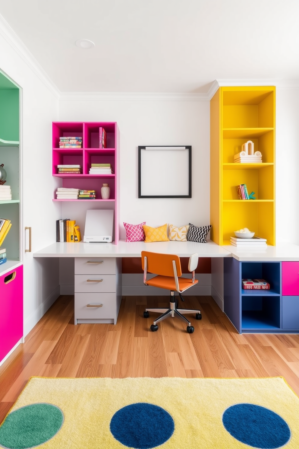 A modern office playroom with hidden storage solutions. The room features a sleek desk with integrated drawers and a vibrant rug that adds a playful touch. Brightly colored shelving units line the walls, concealing toys and supplies behind closed doors. A cozy reading nook is nestled in the corner, complete with cushions and a small bookshelf.