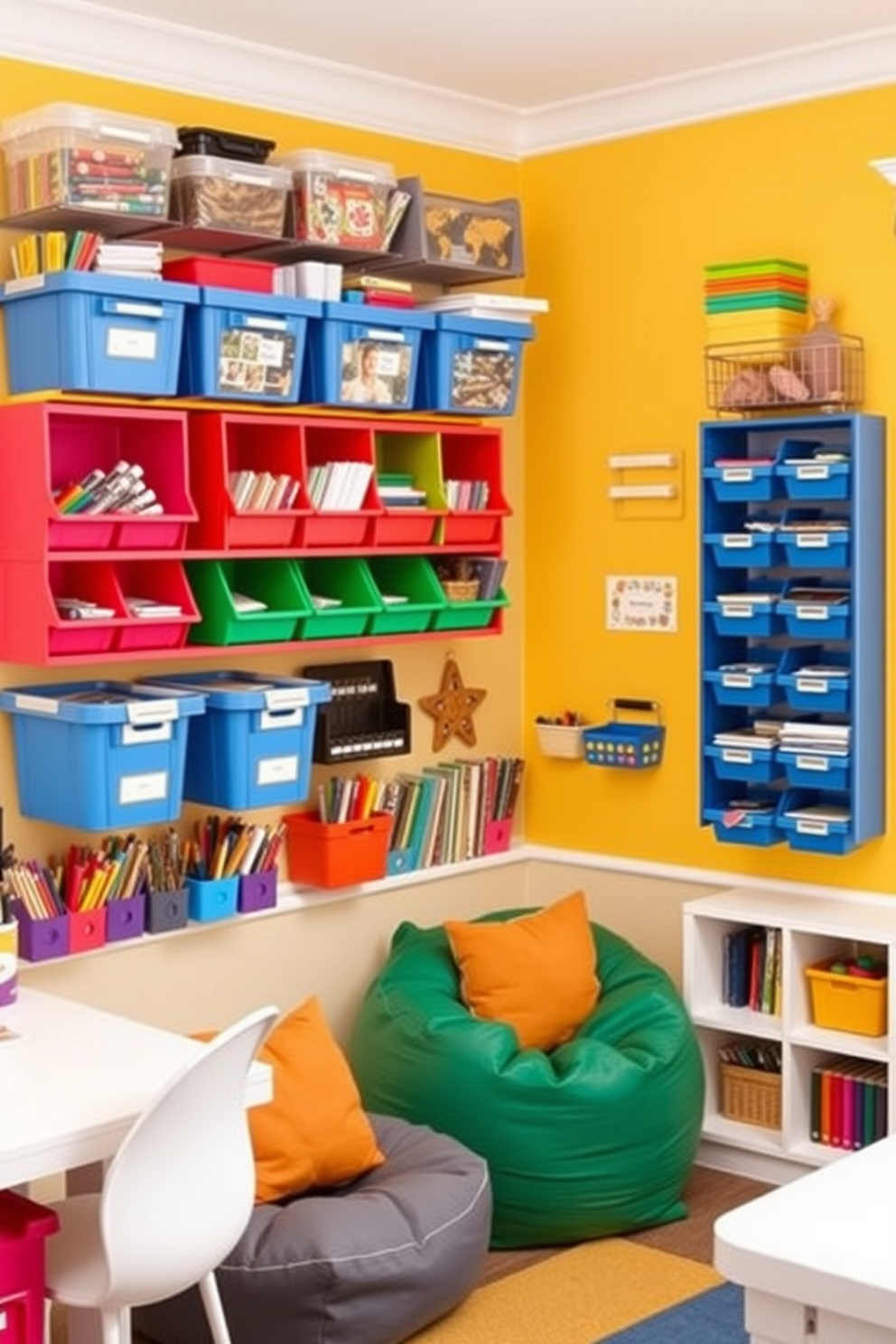 A playful office playroom design featuring wall-mounted organizers for easy access. The space includes vibrant shelving units filled with colorful bins and art supplies, creating a stimulating environment for creativity and productivity. The walls are painted in bright, cheerful colors to inspire imagination. A cozy reading nook with bean bags and a small bookshelf complements the organized workspace, making it a multifunctional area for both work and play.