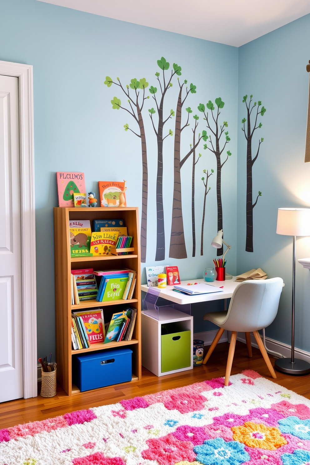 A cozy office playroom corner featuring a small wooden bookshelf filled with colorful children's books and toys. A plush rug in vibrant colors covers the floor, and a comfortable armchair sits next to a small desk with art supplies scattered on top. The walls are painted in a cheerful light blue, creating a bright and inviting atmosphere. A whimsical wall mural of trees and animals adds a playful touch, while soft lighting from a stylish lamp illuminates the space.