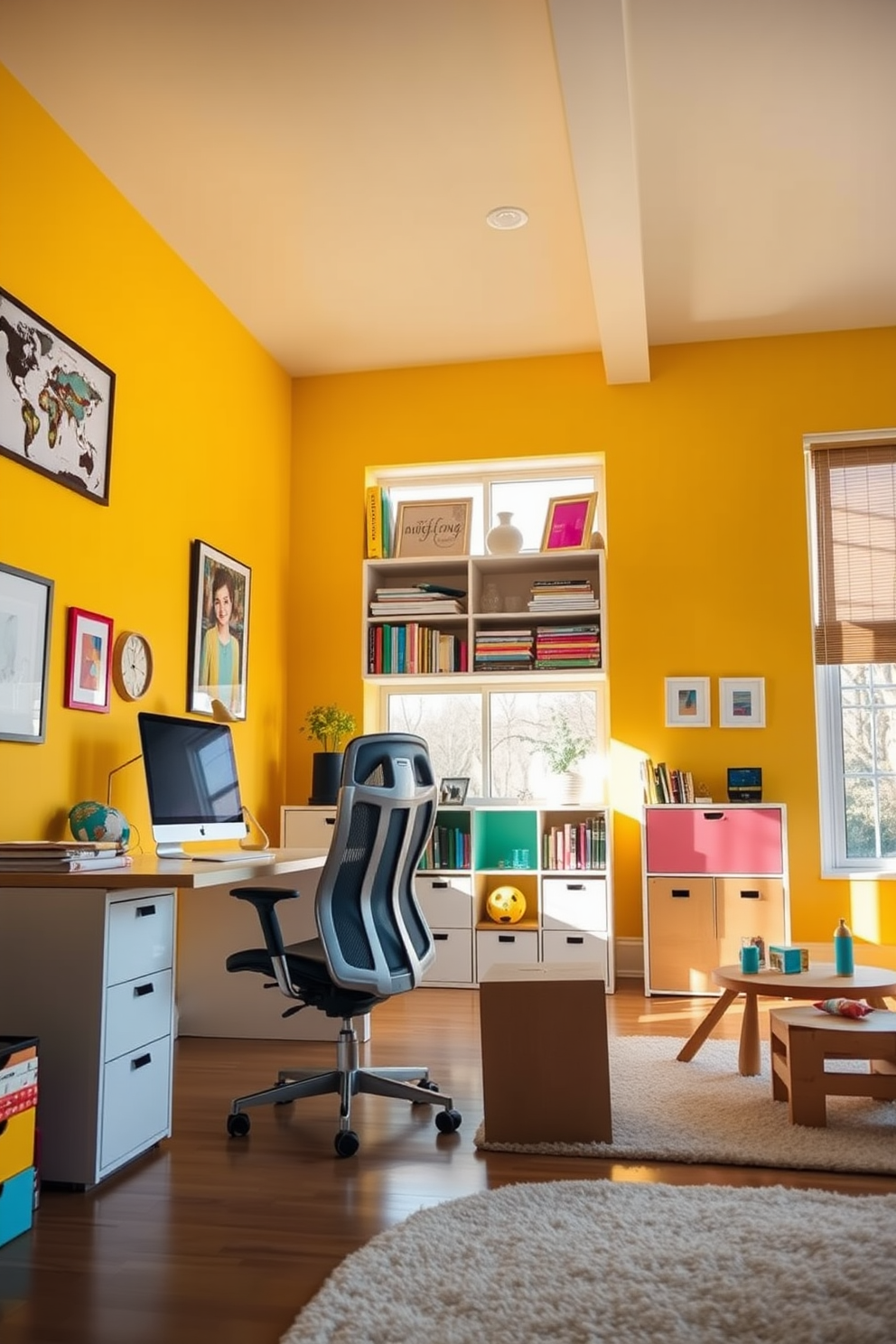 Bright lighting fills the room, creating a vibrant atmosphere that energizes the space. The walls are painted in a cheerful yellow, and large windows allow natural light to flood in. The office area features a sleek desk with a modern ergonomic chair, complemented by colorful shelving filled with inspiring books and decor. In the playroom section, a soft rug covers the floor, and playful furniture pieces invite creativity and fun.