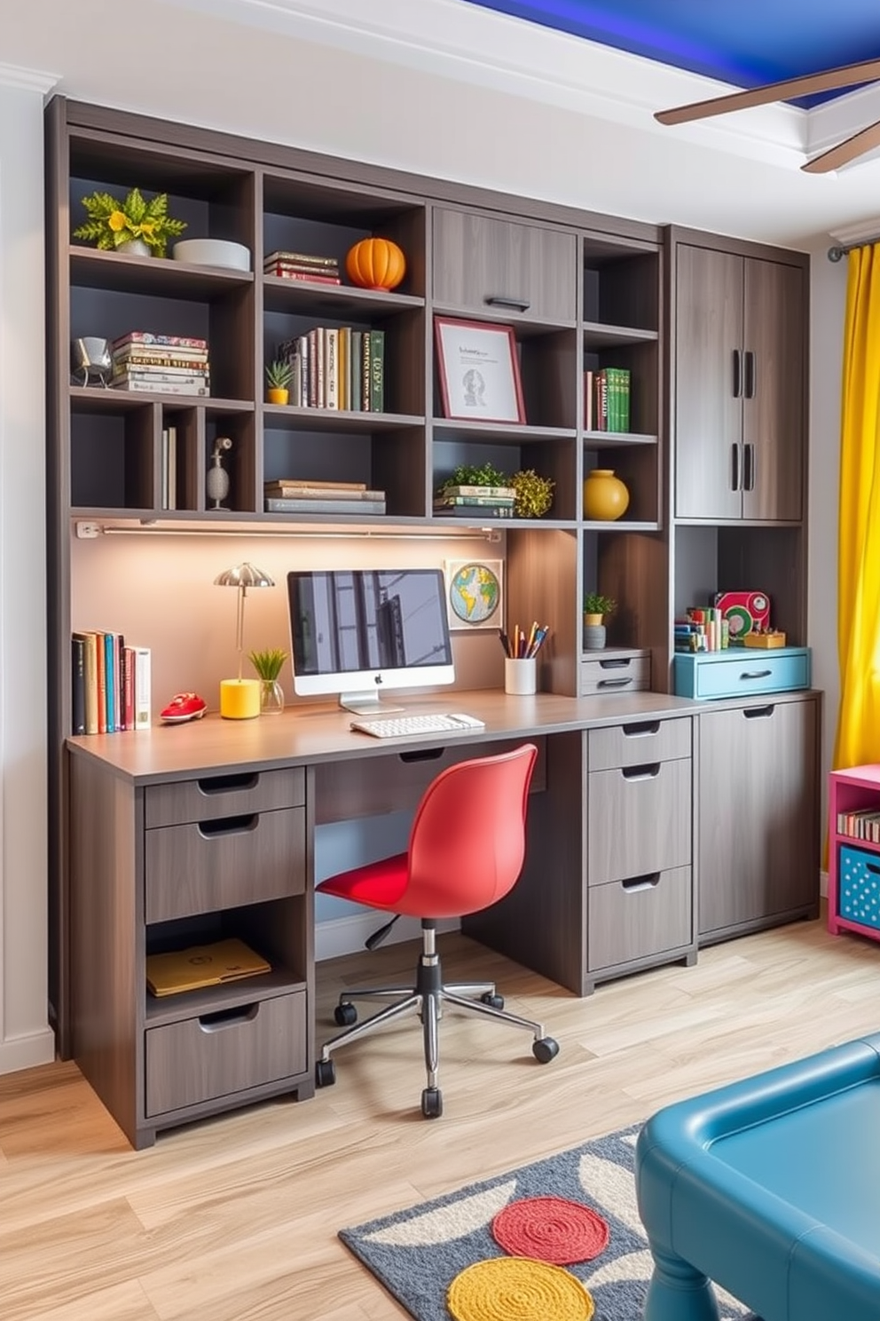 A multi-functional desk with integrated storage solutions. The desk features a sleek design with built-in shelves and drawers, providing ample space for organization and creativity. The workspace is designed to seamlessly transition into a playroom area. Brightly colored accents and playful decor enhance the environment, encouraging both productivity and fun.