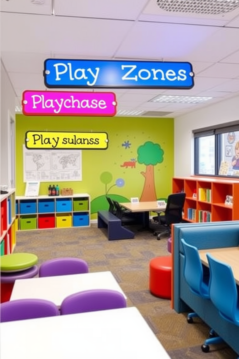 Personalized name tags for play zones. Bright colors and playful fonts are used to create an engaging atmosphere for children. Office playroom design ideas. The space features comfortable seating, creative storage solutions, and vibrant wall art to inspire imagination and productivity.