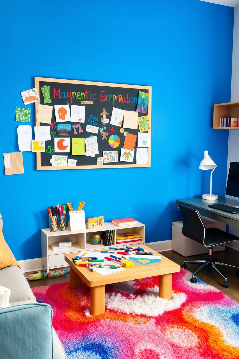 A magnetic board for creative expression is mounted on a bright blue wall, surrounded by colorful artwork created by children. Below the board, a low wooden table is scattered with art supplies, including markers, paper, and paint. The office playroom design features a comfortable seating area with a plush rug in vibrant colors. A sleek desk with a modern lamp sits adjacent to the play area, creating a functional yet playful workspace.