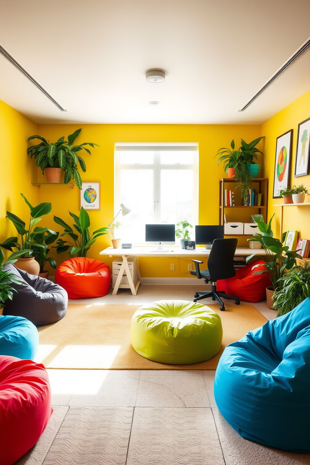 A vibrant office playroom that blends productivity with creativity. There are colorful bean bags scattered around the room and a large desk with a sleek design facing a window, allowing natural light to flood the space. Lush green plants are strategically placed in the corners and on shelves, adding a refreshing touch to the environment. The walls are painted in a cheerful yellow hue, and playful artwork adorns the space, inspiring imagination and focus.