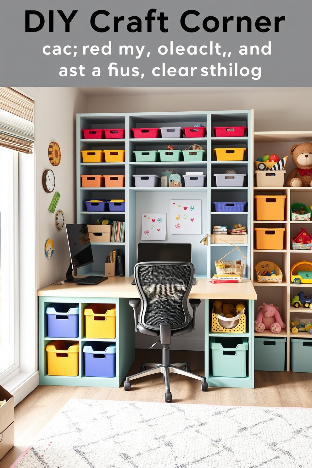 A cozy DIY craft corner designed for easy cleanup. The space features a large, sturdy table with built-in storage for supplies, surrounded by colorful shelving units filled with bins and baskets. An organized office space that promotes productivity and creativity. The design includes a sleek desk with a comfortable ergonomic chair, complemented by ample natural light from a nearby window. A vibrant playroom filled with imaginative design ideas. The room showcases a soft rug for play, playful wall decals, and a variety of toys neatly arranged in open storage for easy access.