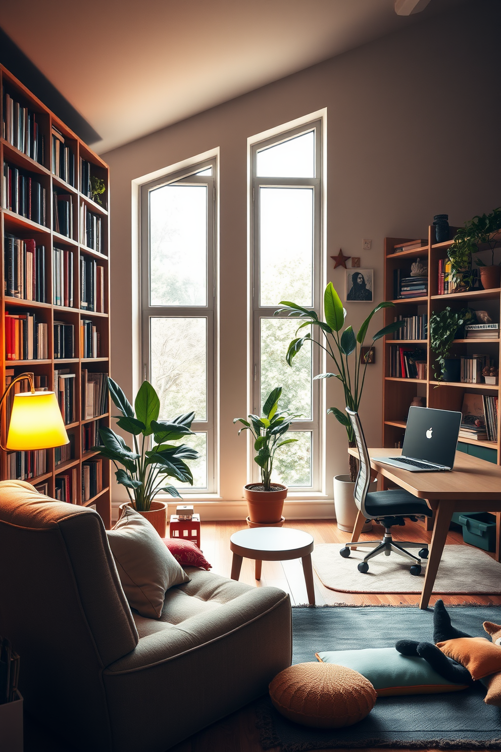 A cozy reading corner featuring a plush armchair upholstered in soft fabric, positioned next to a tall bookshelf filled with various books. A small side table holds a steaming cup of tea, while a floor lamp with warm light creates an inviting atmosphere. An office space designed for productivity, showcasing a sleek wooden desk paired with an ergonomic chair. Large windows allow natural light to flood the room, complemented by indoor plants that add a touch of greenery. A playful playroom filled with vibrant colors and interactive elements, including a soft play mat and a small table for arts and crafts. Shelves are stocked with toys and games, while a cozy nook with cushions invites children to relax and read.