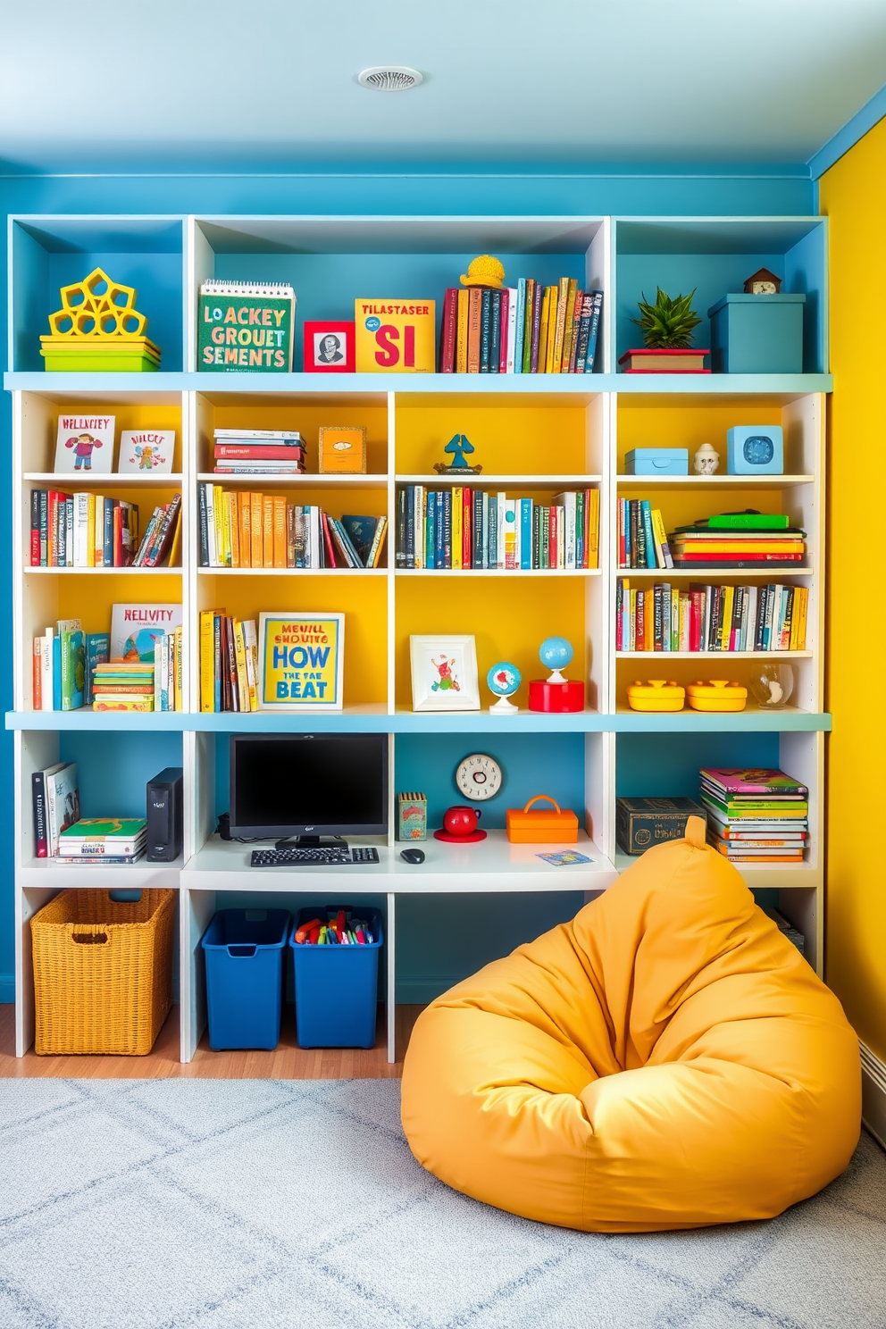 A vibrant office playroom that encourages creativity and productivity. The space features open shelving filled with colorful books and playful decor items, providing easy access to materials and inspiration. Brightly colored walls in shades of blue and yellow create an energetic atmosphere. A large, comfortable bean bag chair sits in the corner, inviting relaxation and imaginative play.