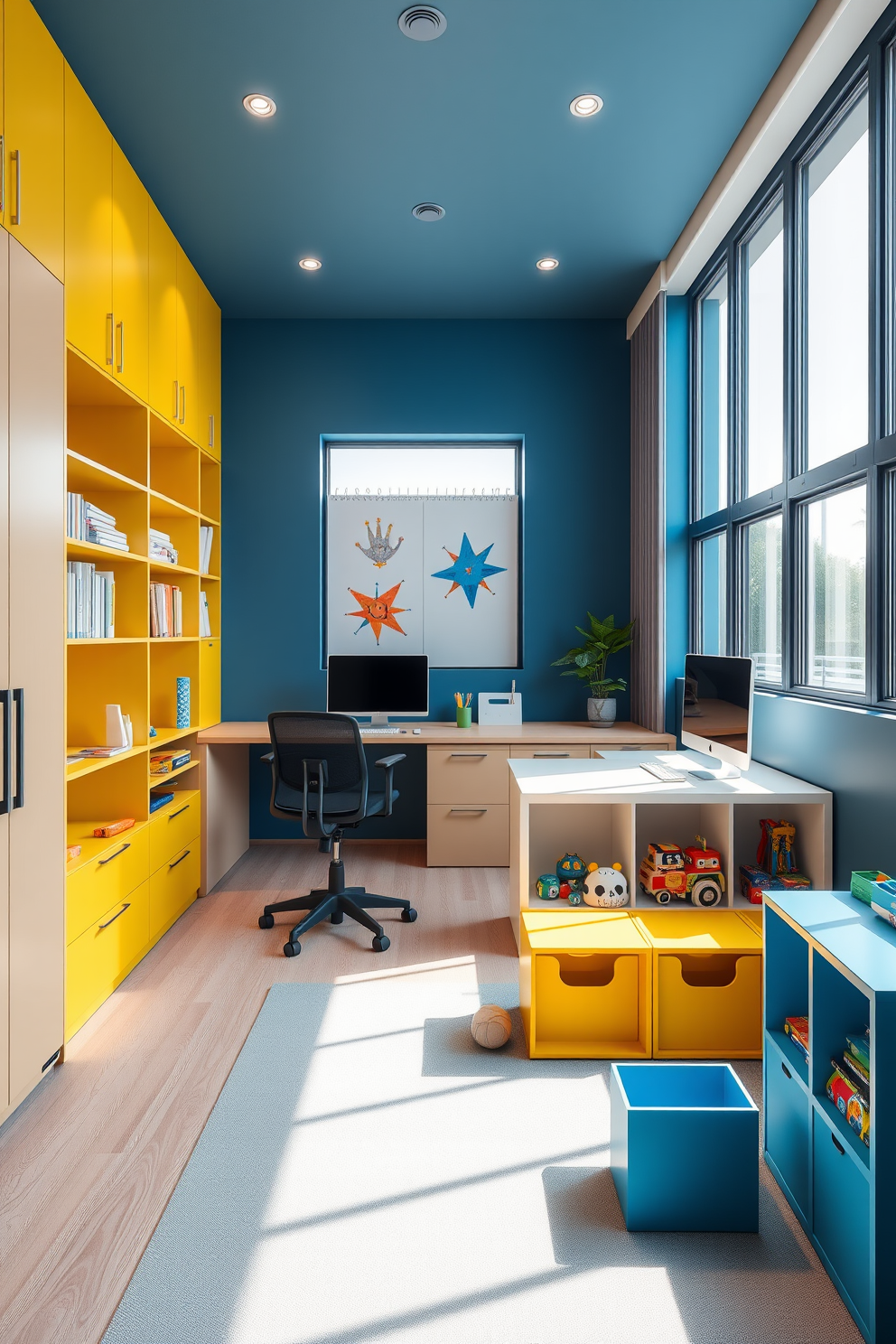 A modern office and playroom design that seamlessly integrates work and leisure spaces. The office area features a sleek desk with ergonomic seating and built-in shelves for organization, while the playroom includes colorful storage units filled with toys and games. Natural light floods the room through large windows, creating a bright and inviting atmosphere. The color palette combines calming blues and vibrant yellows to distinguish between the two zones while maintaining a cohesive look.