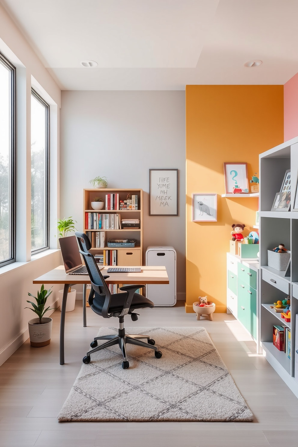 A serene office space designed for focus. The room features a sleek wooden desk with a comfortable ergonomic chair, positioned near a large window that allows natural light to flood the space. Soft neutral tones dominate the walls, creating a calming atmosphere. A stylish bookshelf filled with books and decorative items lines one side, while a small indoor plant adds a touch of greenery. A cozy playroom designed for creativity and fun. Brightly colored walls are adorned with playful artwork, and a soft rug covers the floor for comfort during playtime. Various activity zones are created with distinct areas for art, reading, and games. Shelves filled with toys and books are easily accessible, encouraging imaginative play.