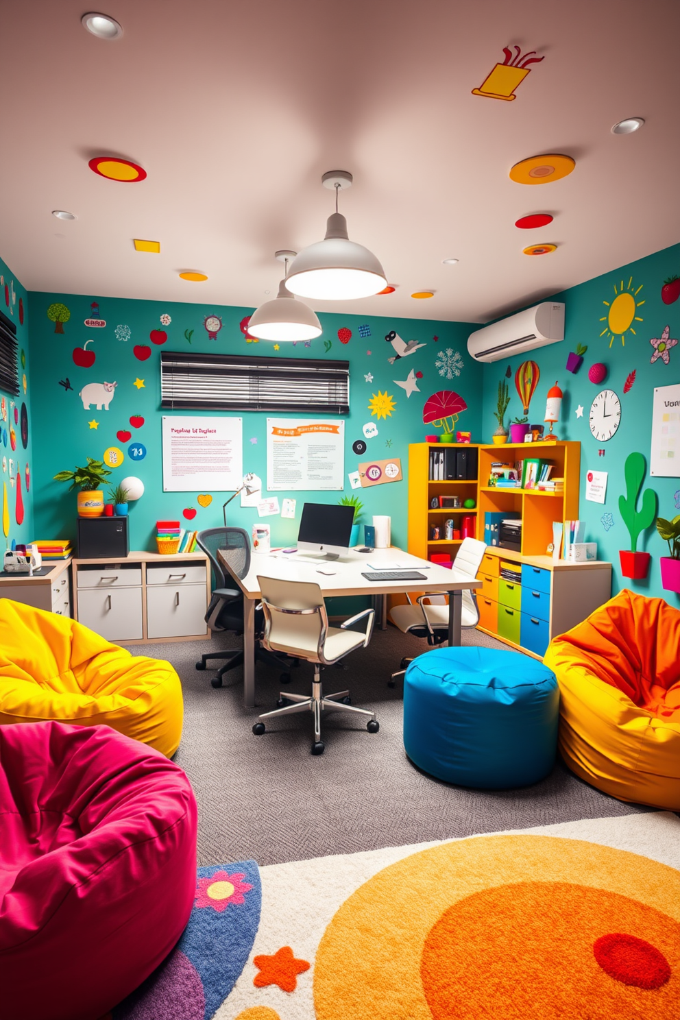 A vibrant office playroom filled with creativity and inspiration. The walls are adorned with fun wall decals featuring whimsical characters and bright colors that spark joy and imagination. The space includes a large, comfortable desk surrounded by playful furniture that encourages collaboration and creativity. Cozy bean bags and colorful rugs provide inviting areas for relaxation and brainstorming.