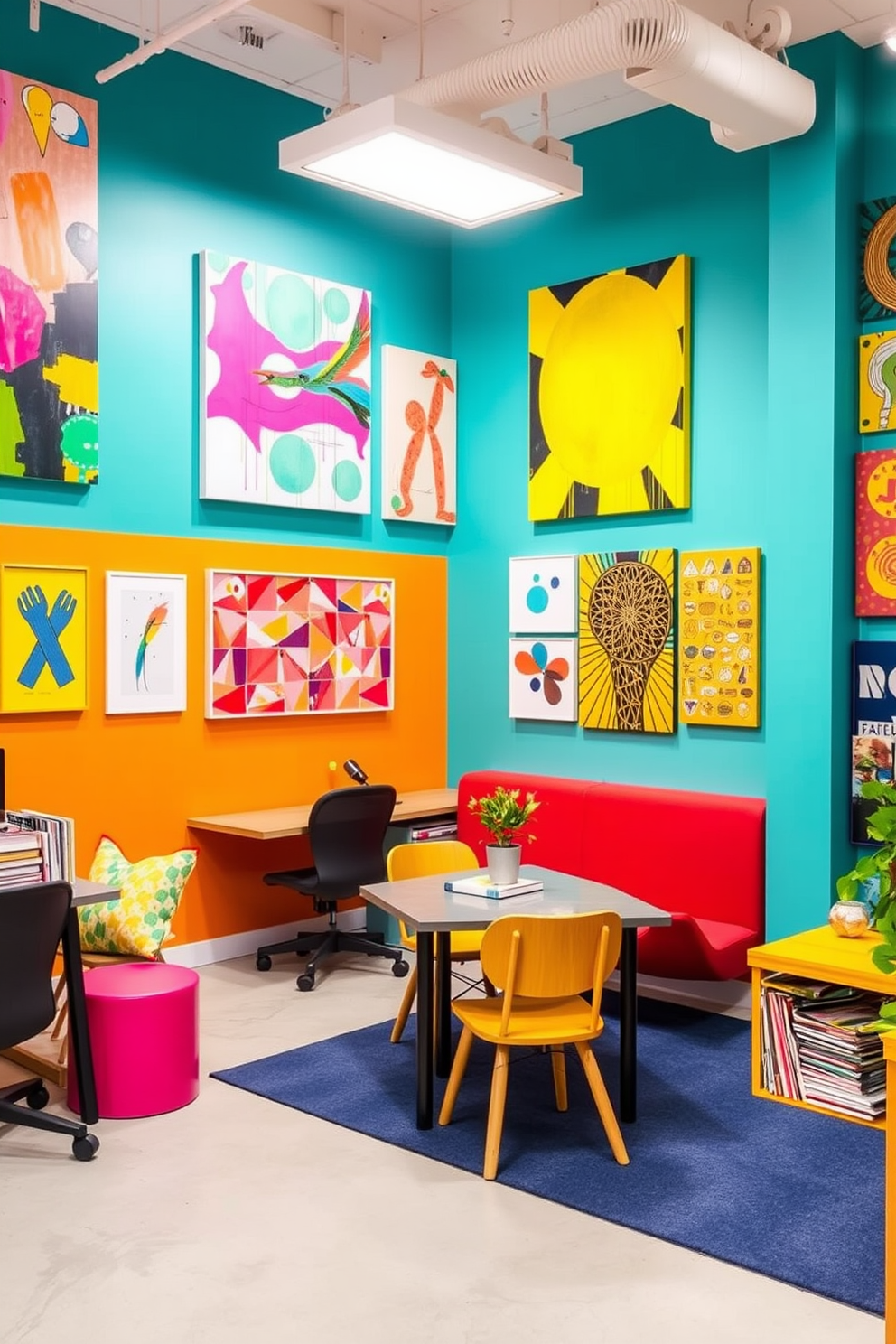 Bright wall art for creative inspiration. The walls are adorned with vibrant abstract paintings and colorful prints, creating a dynamic atmosphere that stimulates creativity and imagination. Office playroom design ideas. The space features a playful blend of functional workstations and cozy reading nooks, with bright colors and whimsical decor that encourage both productivity and fun.