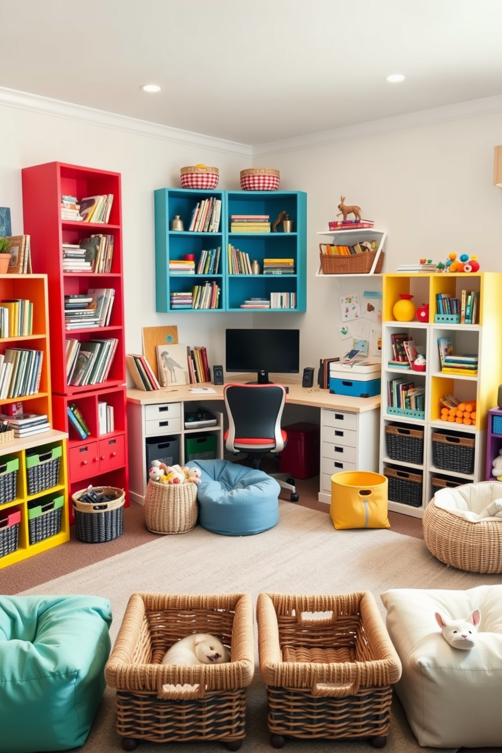 A vibrant office playroom designed for creativity and productivity. The room features a large desk with ample workspace, surrounded by colorful shelving units filled with books and art supplies. In one corner, a cozy reading nook is created with plush bean bags and a small bookshelf. Baskets are strategically placed throughout the room for organized toy storage, ensuring a tidy and inviting environment.