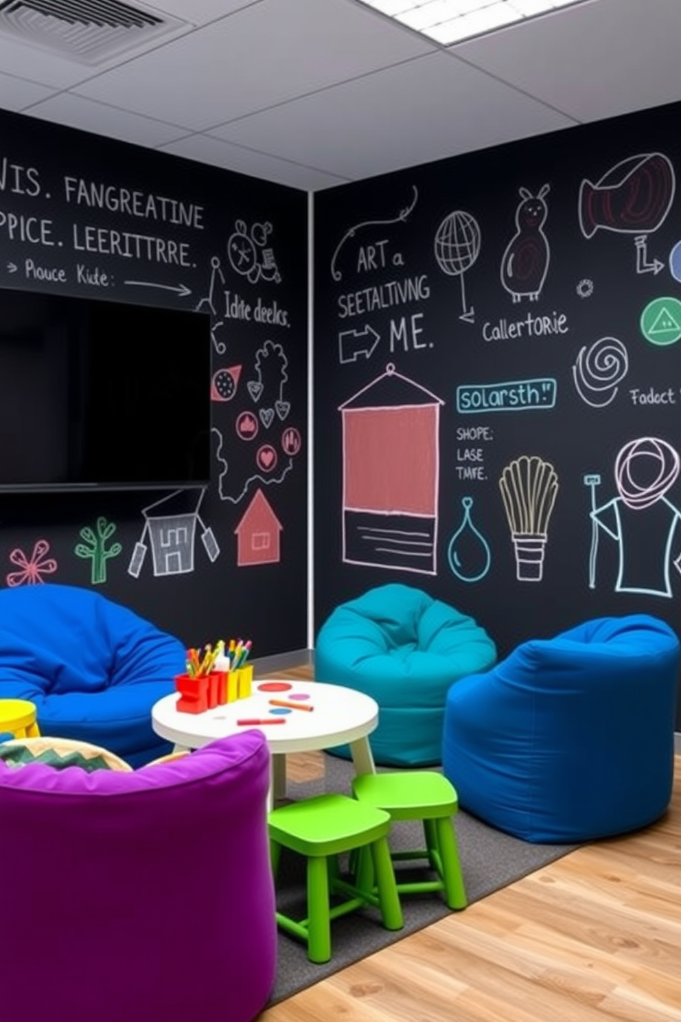 A vibrant office playroom designed for kids activities features an interactive chalkboard wall that encourages creativity and learning. The room is filled with colorful furniture, including bean bags and a small table for art projects, creating an inviting and playful atmosphere.