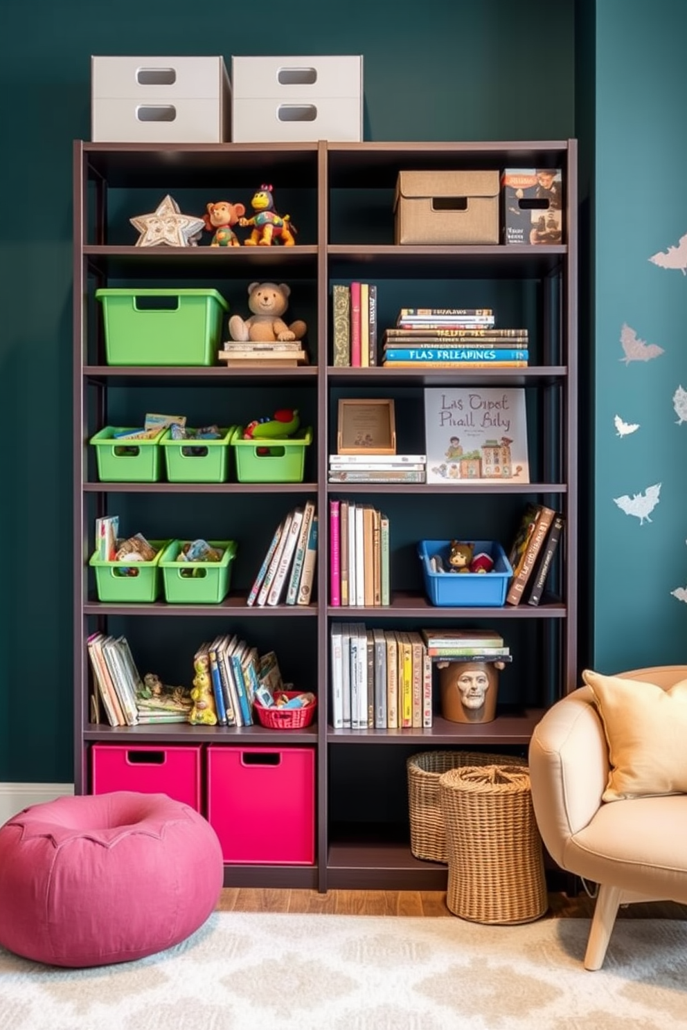 Create a stylish shelving unit designed for a playroom that seamlessly blends functionality with aesthetics. The shelves should be filled with colorful bins for toys and neatly arranged books, creating an inviting and organized space. Incorporate playful elements such as wall decals and soft seating to enhance the office playroom atmosphere. The design should encourage creativity and learning while maintaining a chic and modern look.