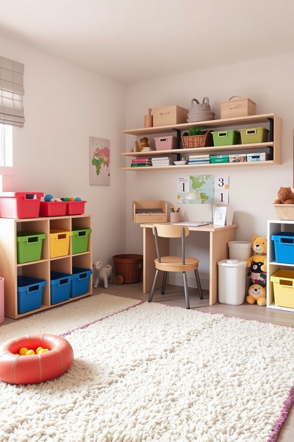 A cozy playroom designed for both work and play features a soft, plush rug that provides comfort underfoot. The space is filled with colorful storage bins and a small desk area, creating a perfect balance between a playful atmosphere and a productive workspace.