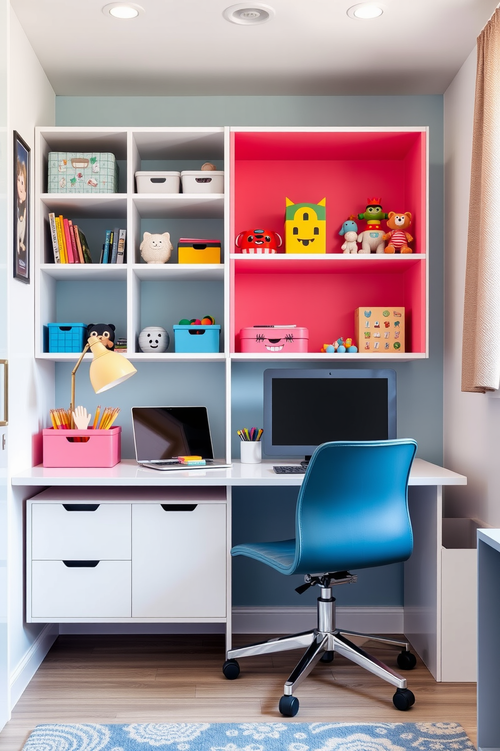 A compact workspace featuring foldable furniture that maximizes functionality and style. The design includes a sleek desk that can be easily tucked away, with a comfortable chair that complements the modern aesthetic. The office playroom design incorporates vibrant colors and playful elements to create an inspiring environment. A multifunctional shelving unit holds both office supplies and toys, seamlessly blending work and play.