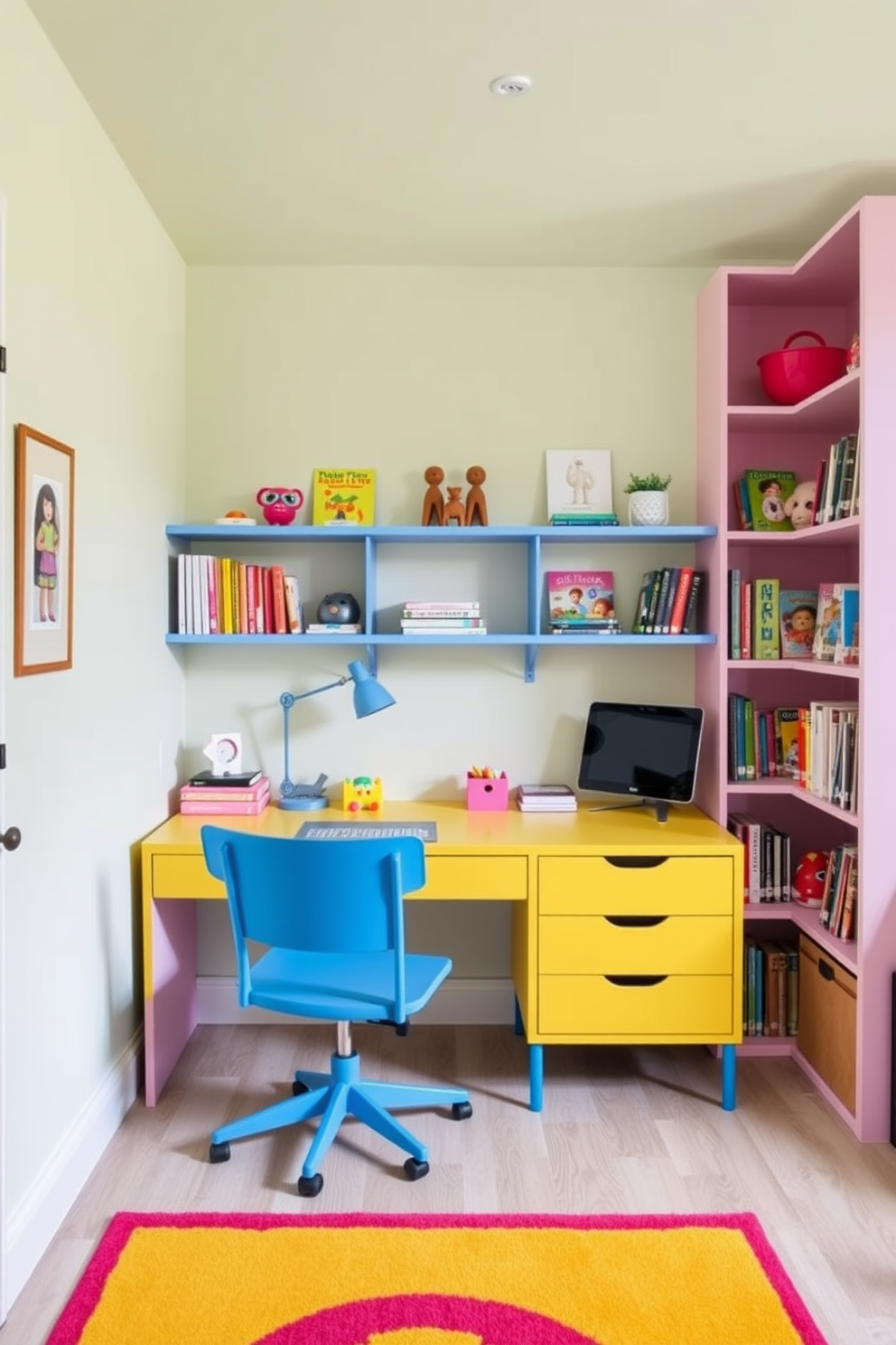 A vibrant office playroom that combines functionality with fun. The walls are painted in a soft pastel hue, accented by bold pops of color in the furniture and decor. A large desk in a bright yellow shade sits in the corner, paired with a comfortable blue chair. Shelves filled with colorful books and toys create an inviting atmosphere, while a playful rug adds warmth to the space.