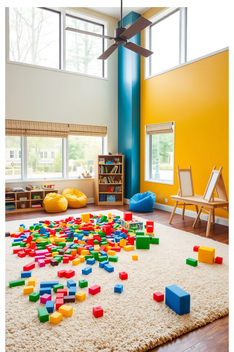 A vibrant creative play area filled with colorful building blocks scattered across a soft, plush rug. The walls are painted in cheerful primary colors, and large windows let in plenty of natural light. In one corner, a cozy reading nook features a small bookshelf filled with children's books and bean bag chairs. An art station with easels and supplies encourages imaginative expression and creativity.