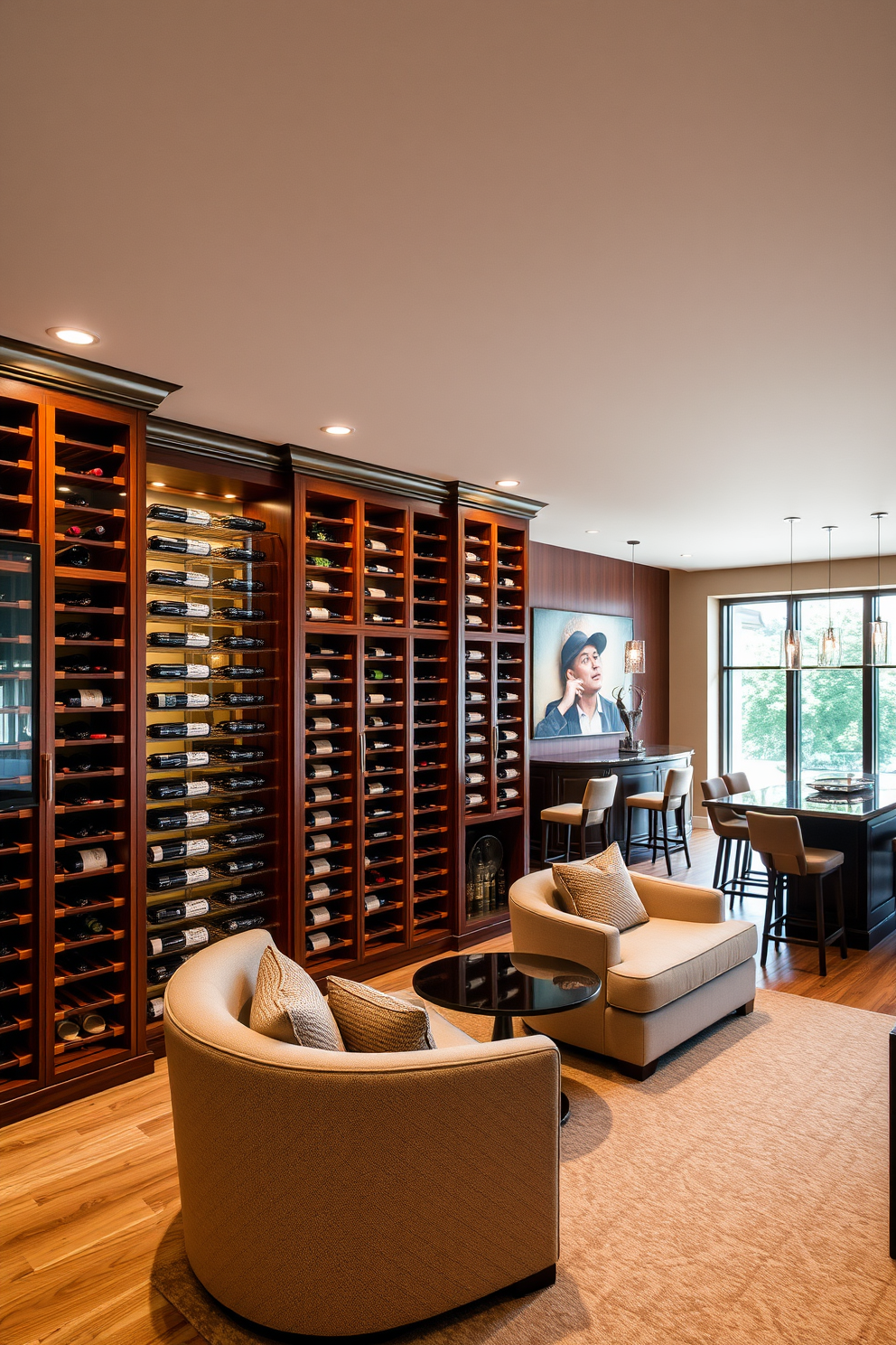 A luxurious wine cellar featuring temperature control with elegant wooden racks displaying an extensive collection of fine wines. The walls are adorned with rich mahogany paneling, and soft ambient lighting creates a warm and inviting atmosphere. An open basement design that seamlessly integrates a cozy lounge area with plush seating and a modern bar. Large windows allow natural light to flood the space, enhancing the contemporary feel of the design.