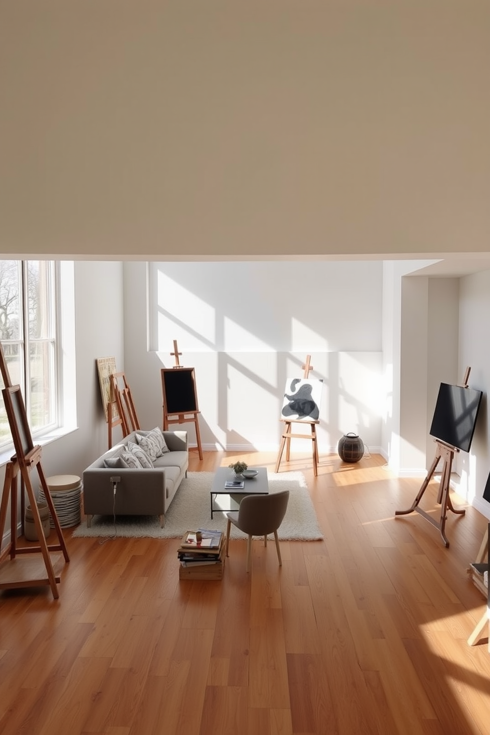 Art studio with natural light and easels. The space features large windows that allow sunlight to flood in, illuminating the wooden floors and white walls. Open basement design ideas. The layout includes a cozy seating area with a sectional sofa and a modern coffee table, while the walls are painted in a soft gray to enhance the spacious feel.