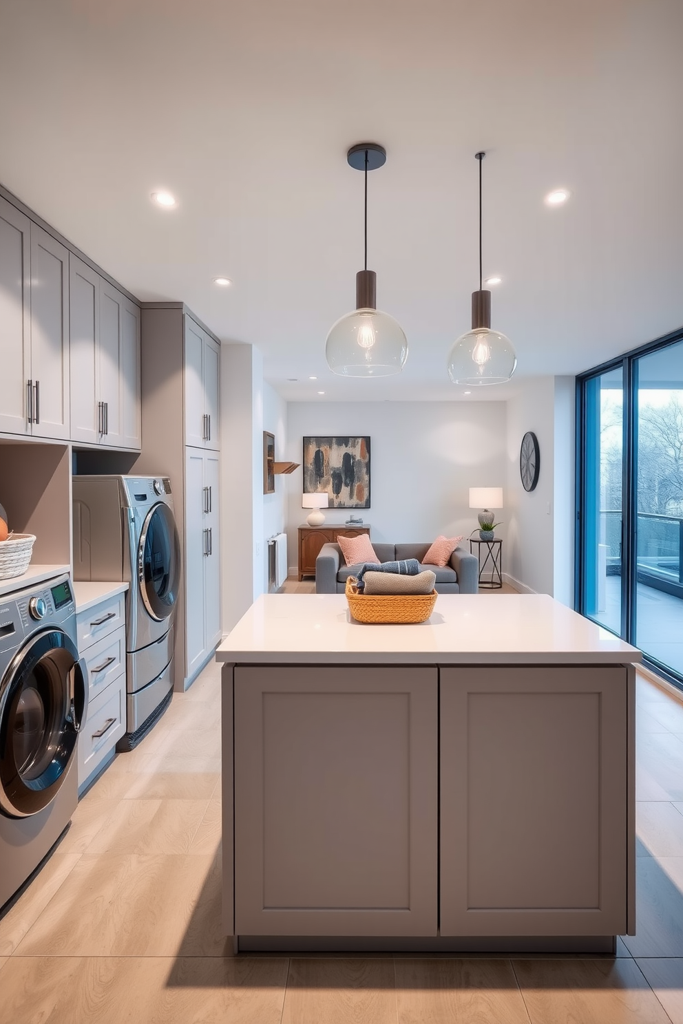 A modern laundry room featuring sleek smart appliances. The space includes a large island for folding clothes, with built-in storage underneath and stylish pendant lighting above. Open basement design ideas showcasing a spacious and inviting area. The layout incorporates a cozy seating arrangement, a small kitchenette, and large windows that allow natural light to fill the room.