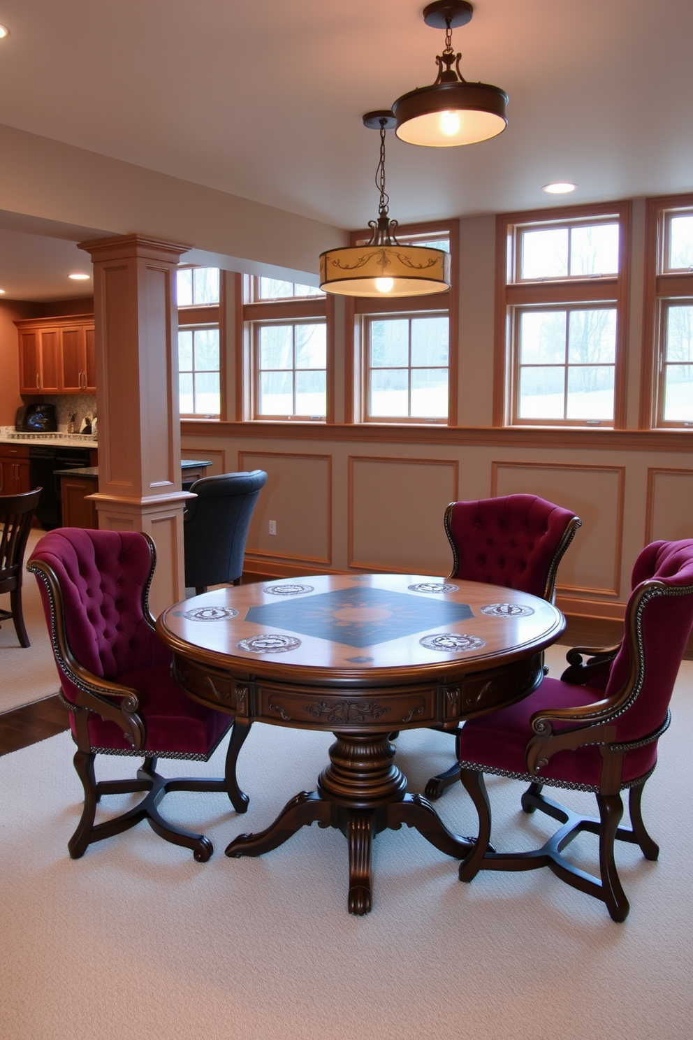 A vintage-inspired game table is positioned in a cozy corner of the basement. The table features a rich mahogany finish with intricate carvings and is surrounded by plush upholstered chairs in a deep burgundy fabric. The open basement design incorporates large windows that allow natural light to flood the space. Soft ambient lighting fixtures hang from the ceiling, creating a warm and inviting atmosphere for family gatherings and game nights.