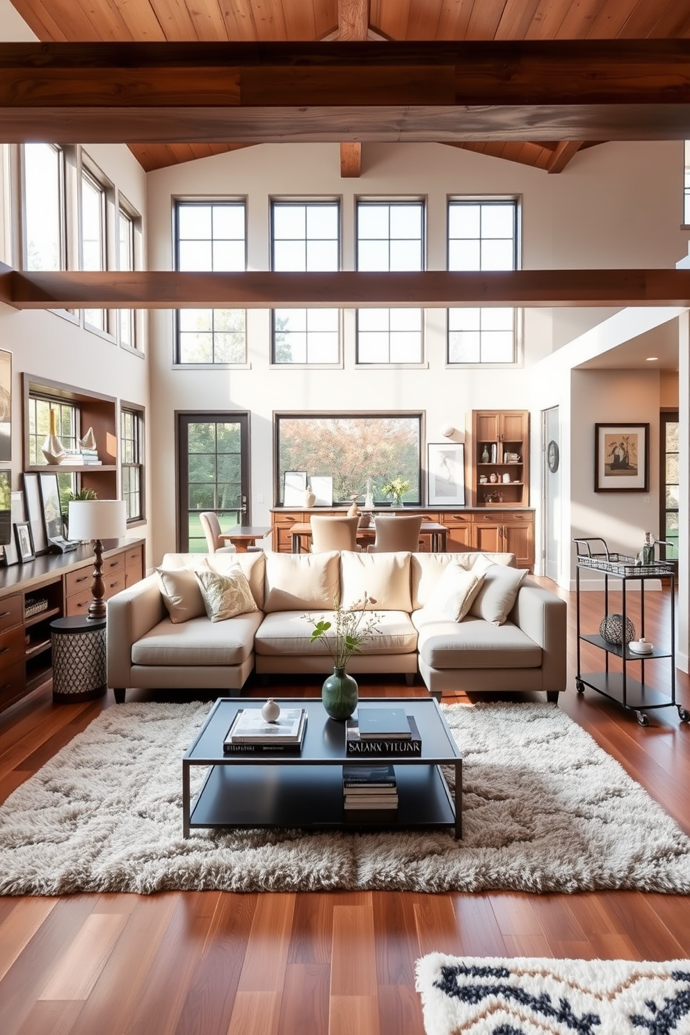 Open concept family room with sectional sofa. The room features large windows that allow natural light to flood in, highlighting the warm wood flooring and neutral color palette. A modern coffee table sits in front of the sectional, adorned with decorative books and a stylish vase. On one wall, a built-in shelving unit showcases curated decor and family photos, adding a personal touch to the space. Open basement design ideas. The basement is designed as a multifunctional space, combining a cozy entertainment area with a small home office nook. Soft lighting creates an inviting atmosphere, while plush area rugs define different zones. A bar cart in the corner adds a touch of sophistication, perfect for hosting friends and family.