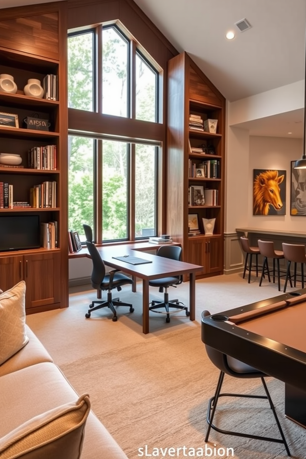 A chic home office with built-in shelves features a sleek wooden desk positioned in front of large windows that allow natural light to flood the space. The shelves are filled with books and decorative items, while a comfortable ergonomic chair complements the modern aesthetic. Open basement design ideas showcase a spacious layout that combines relaxation and entertainment areas. The design includes a cozy lounge with plush seating, a bar area with stylish stools, and a game section featuring a pool table and vibrant artwork on the walls.