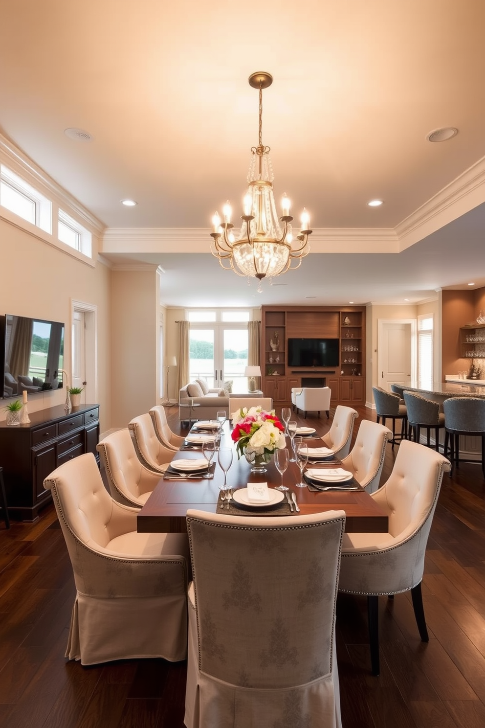 Elegant dining area for family gatherings. The space features a long wooden table surrounded by upholstered chairs in soft neutral tones. A stunning chandelier hangs above the table, casting a warm glow over the setting. Large windows allow natural light to flood the room, highlighting the elegant table setting adorned with fresh flowers. Open basement design ideas. The area is transformed into a multifunctional space with a cozy lounge area featuring a sectional sofa and a large flat-screen TV. A wet bar is integrated into one corner, complete with stylish bar stools and shelving for glassware, creating an inviting atmosphere for entertaining guests.