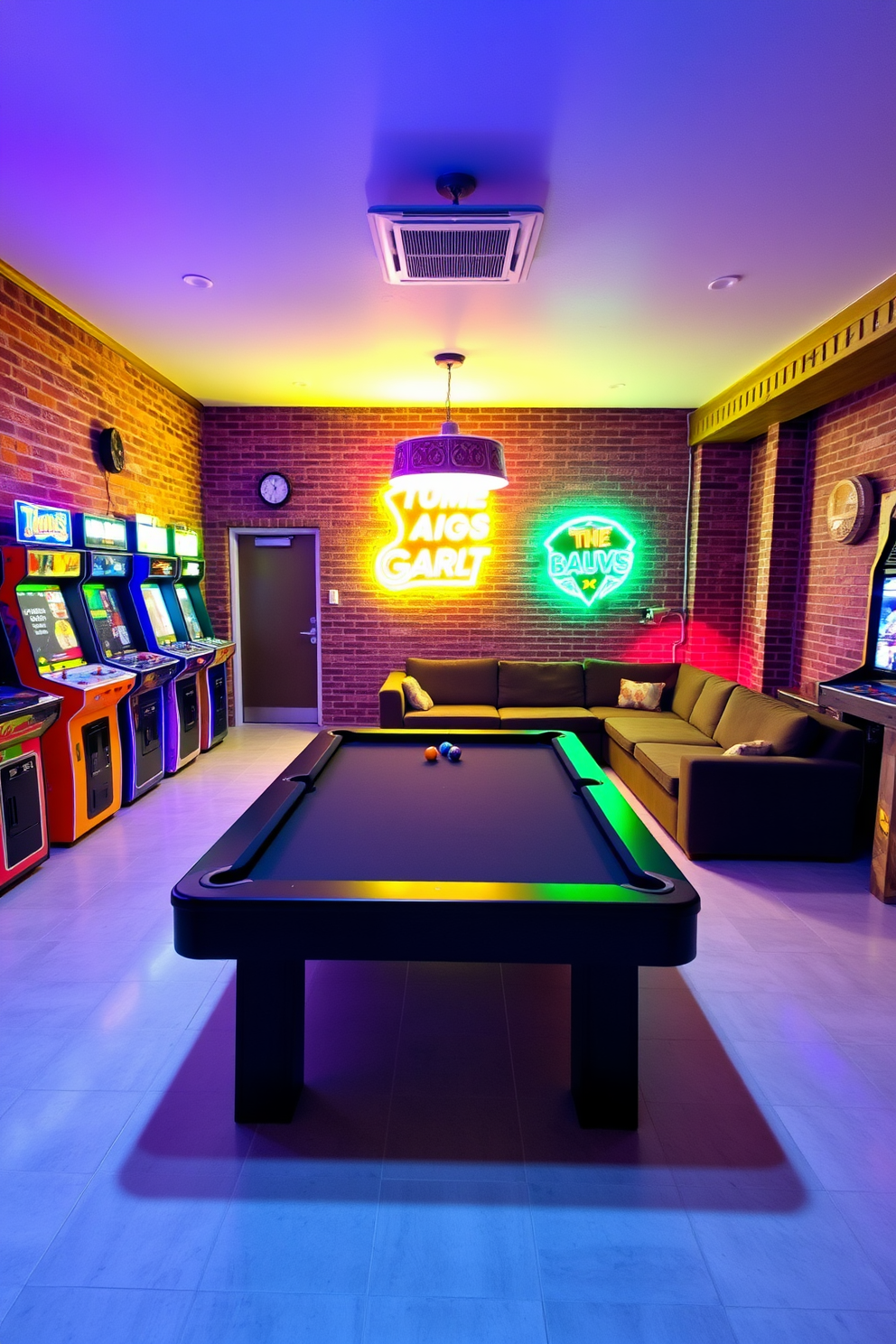 A vibrant game room featuring vintage arcade machines lined against one wall. The space is illuminated by colorful neon lights, creating an energetic and playful atmosphere. The open basement design showcases a large sectional sofa in a cozy corner, perfect for lounging. Exposed brick walls add character, while a sleek pool table occupies the center of the room, inviting friendly competition.