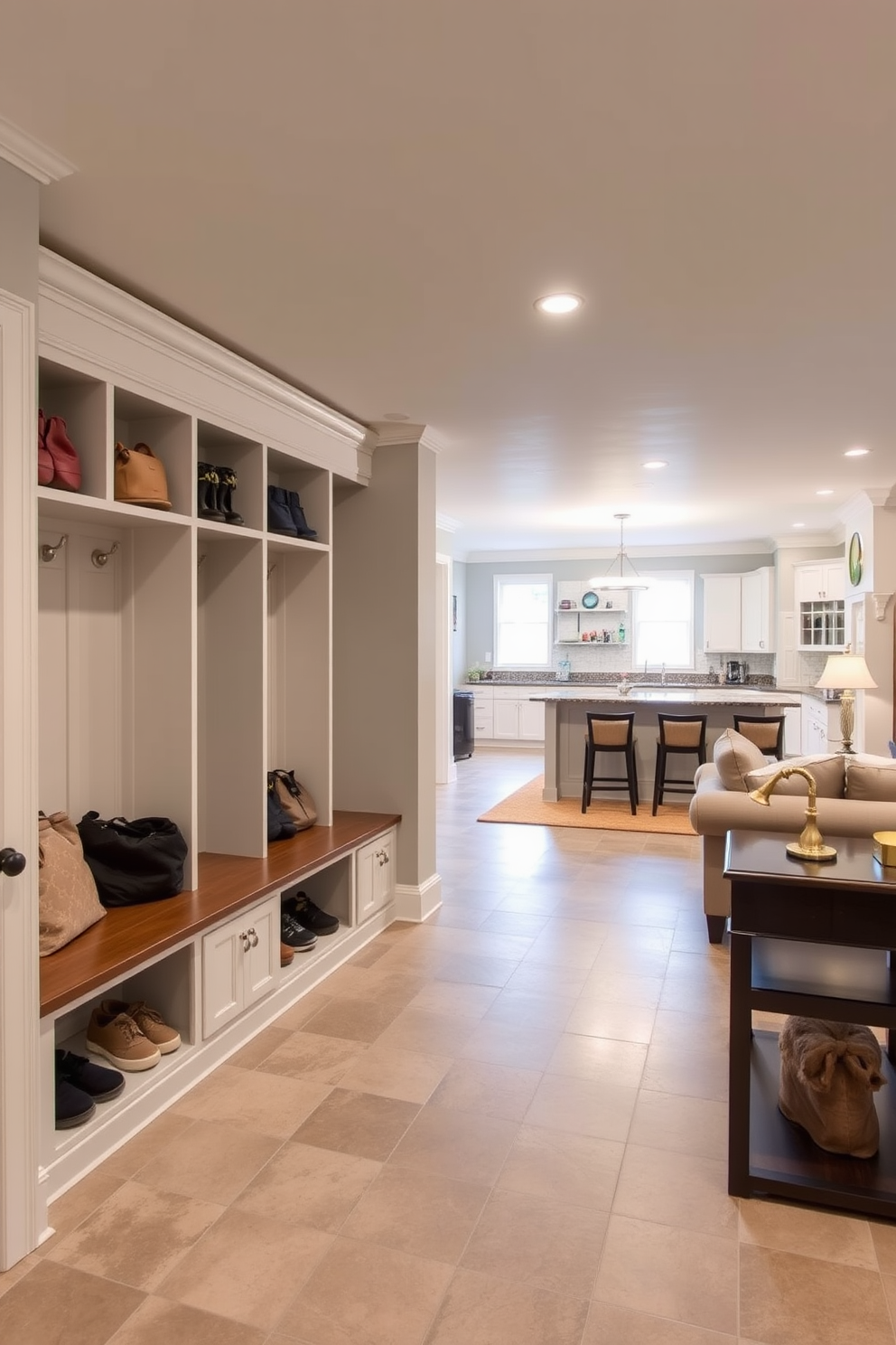 A functional mudroom features built-in benches with storage cubbies above for shoes and bags. The walls are painted in a light gray, and a durable tile floor provides easy maintenance. The open basement design includes a cozy seating area with a sectional sofa and a large coffee table. Soft lighting and a wet bar create an inviting atmosphere for entertaining guests.