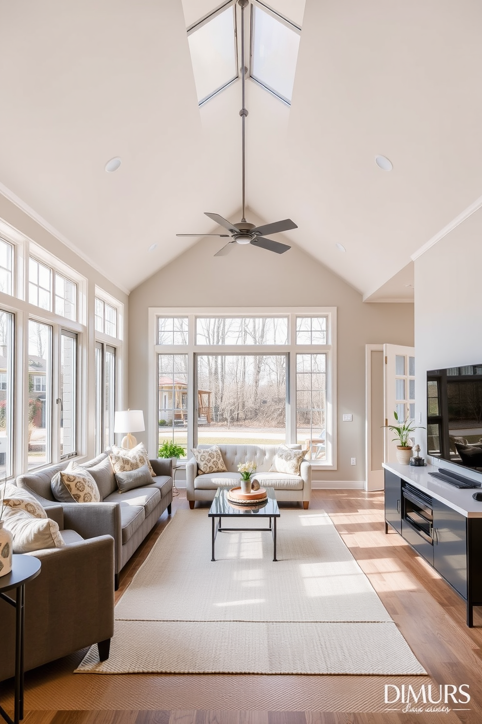 Bright sunroom with large windows. The space is filled with natural light, showcasing a cozy seating area adorned with plush cushions and a light-colored area rug. Open basement design ideas. The layout features a multifunctional space with a modern kitchenette, comfortable seating, and a stylish entertainment center, all complemented by warm lighting and neutral tones.