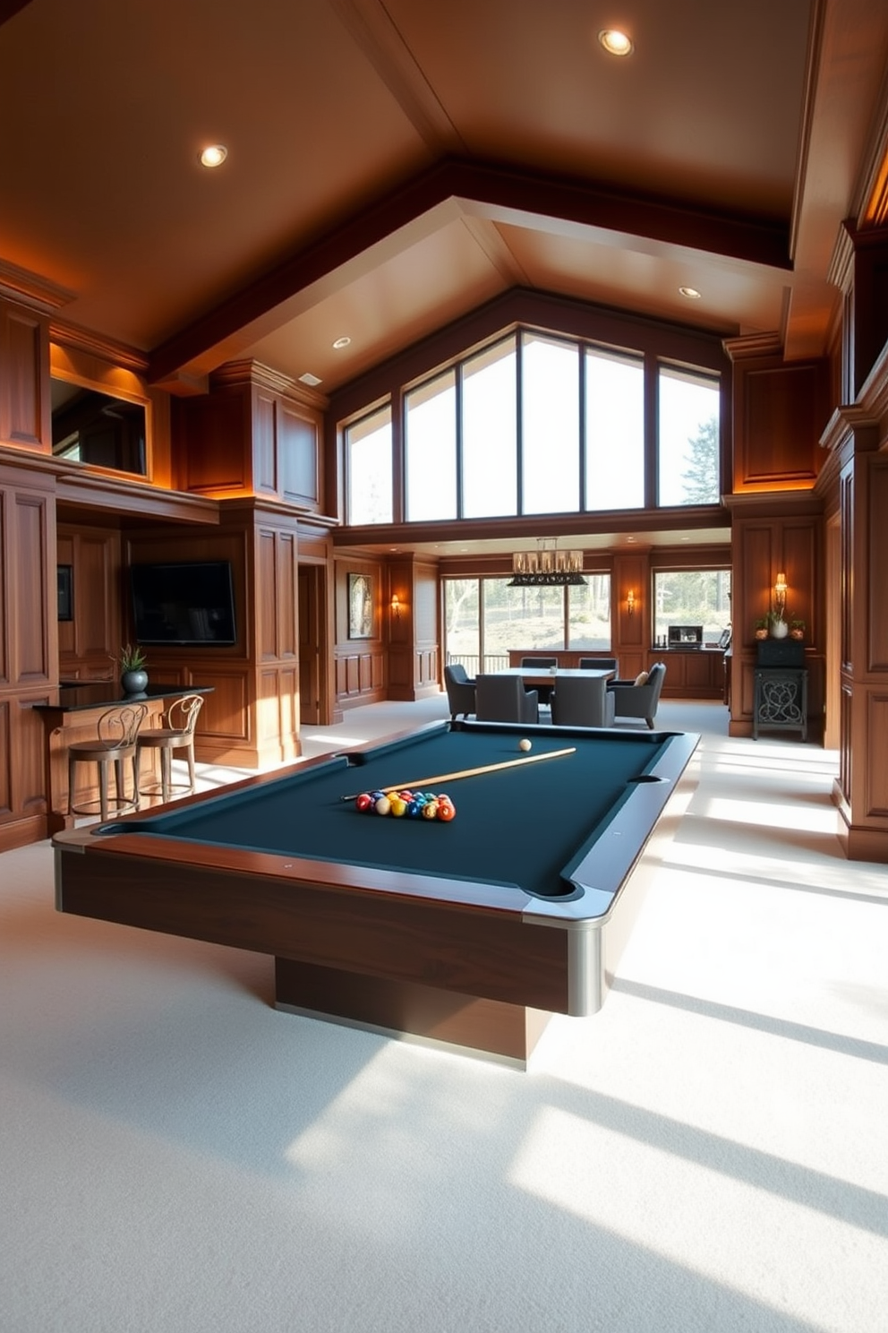 A stylish billiards room featuring a sleek pool table as the centerpiece. The walls are adorned with rich wood paneling, and ambient lighting casts a warm glow over the space. Open basement design ideas that emphasize spaciousness and functionality. Large windows allow natural light to flood in, creating an inviting atmosphere for relaxation and entertainment.