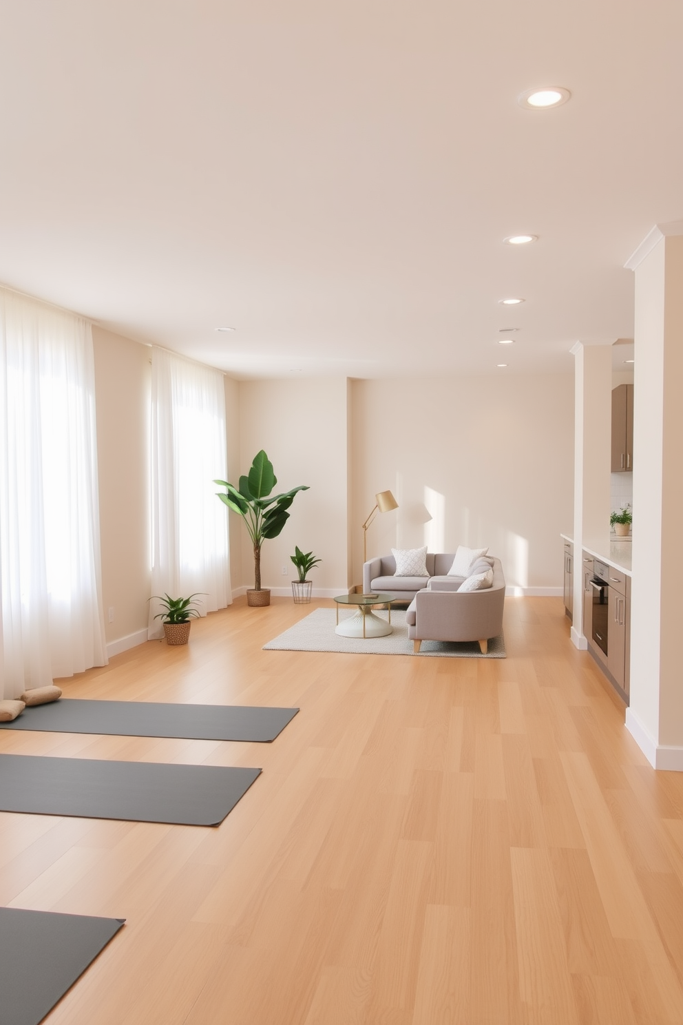 Contemporary yoga studio with calming colors. The space features soft beige walls and natural wood flooring, creating a serene atmosphere. Large windows allow for ample natural light, complemented by sheer white curtains. In one corner, there are mats neatly arranged, with a few potted plants adding a touch of greenery. Open basement design ideas. The area is transformed into a multifunctional space with a cozy lounge area, complete with a sectional sofa and a coffee table. A small kitchenette is integrated into the design, featuring sleek cabinetry and a bar counter for casual dining.