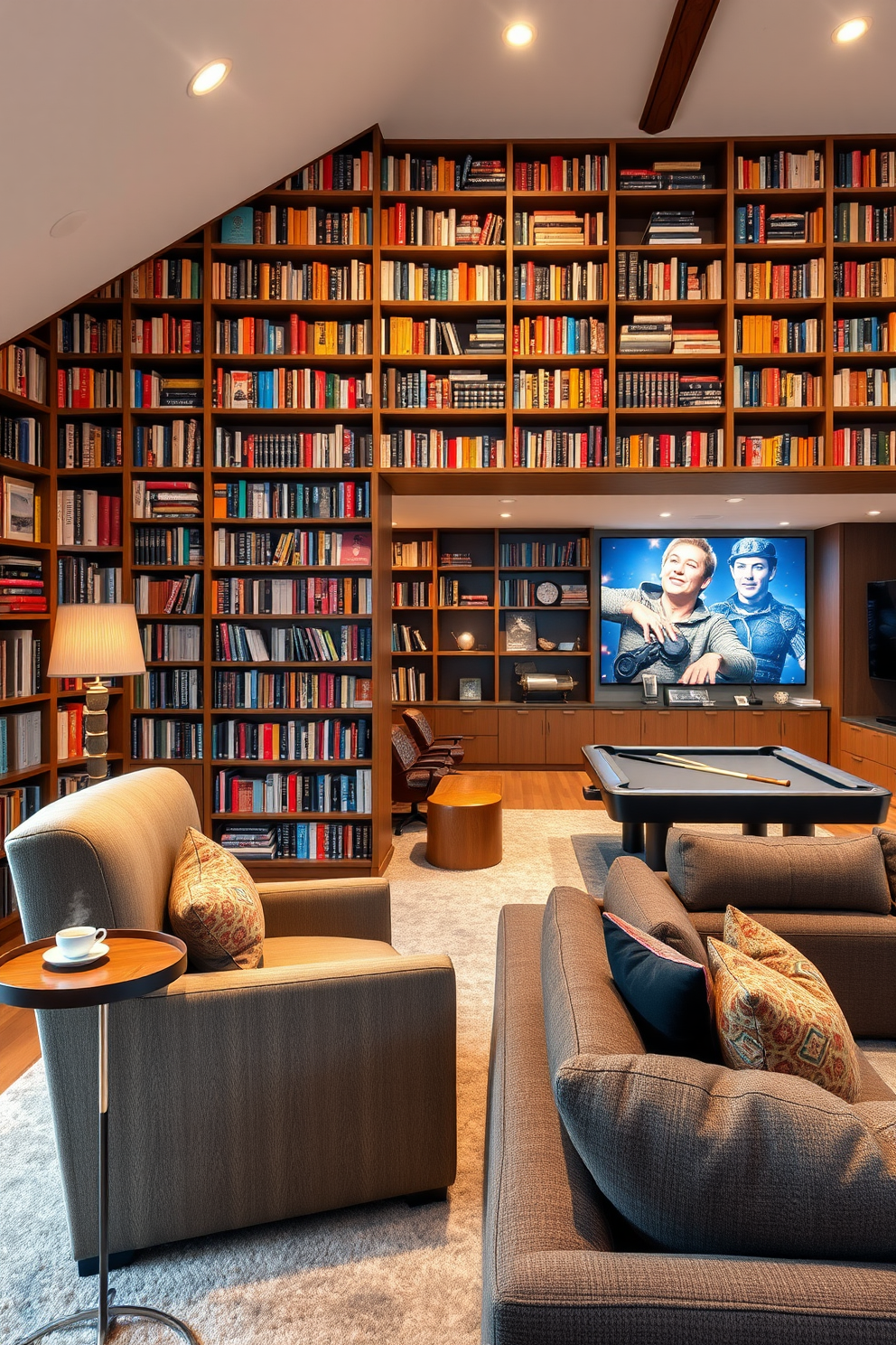 A cozy home library featuring floor-to-ceiling bookshelves filled with an eclectic collection of books. A large, plush armchair sits in the corner, accompanied by a small wooden side table holding a steaming cup of tea. An inviting open basement design that seamlessly blends entertainment and relaxation. The space includes a large sectional sofa facing a modern entertainment center, with a pool table and bar area in the background.