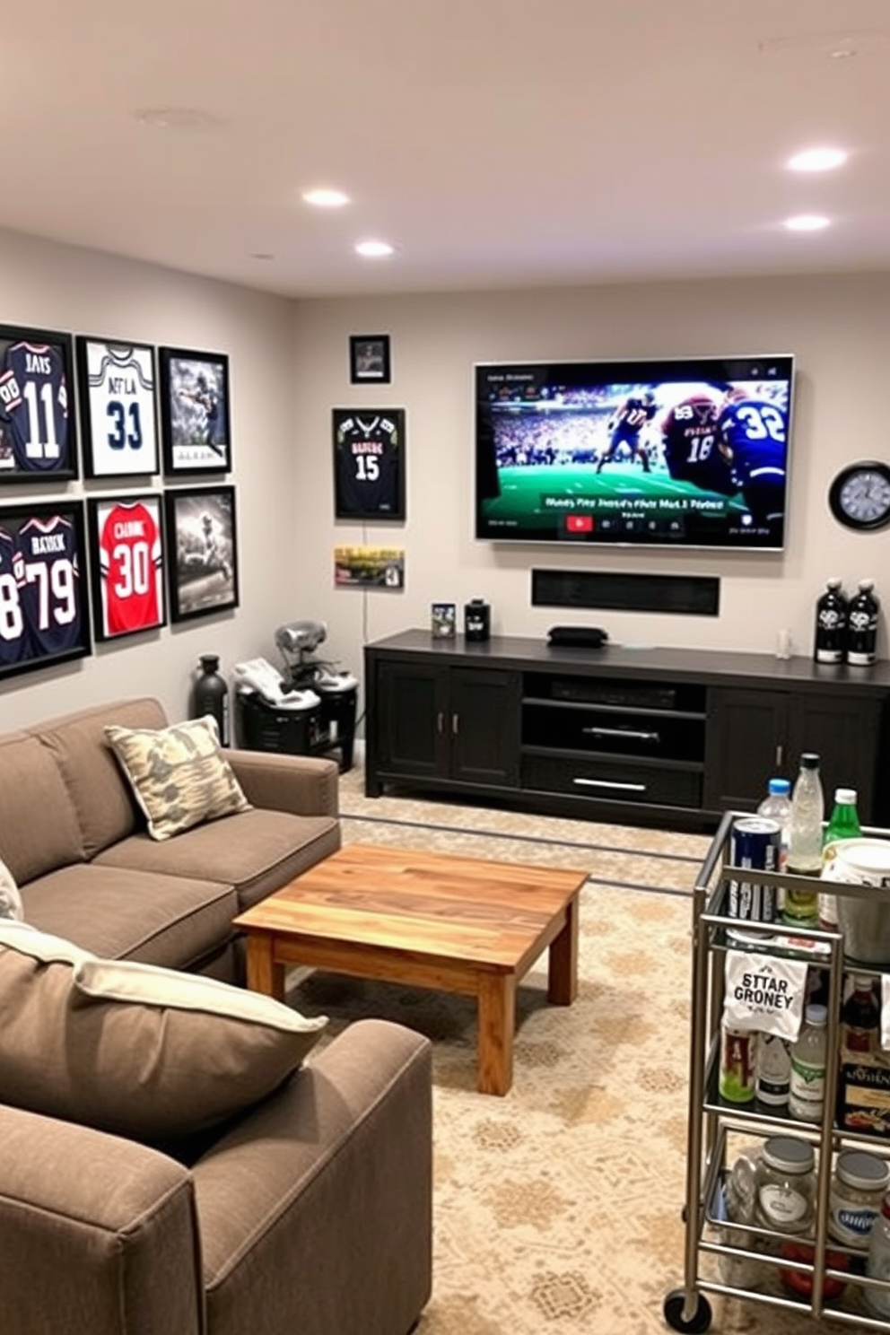 A themed sports room featuring memorabilia displays. The walls are adorned with framed jerseys and action shots, while a large flat-screen TV is mounted above a sleek entertainment center. Open basement design ideas incorporating a cozy lounge area. The space includes a sectional sofa, a coffee table made from reclaimed wood, and a bar cart stocked with beverages and snacks.