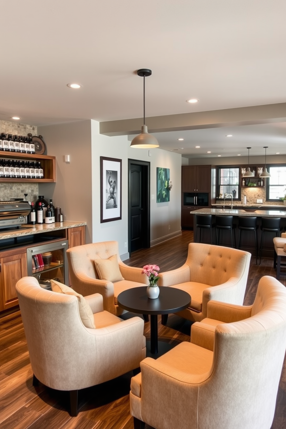 Inviting coffee bar with cozy seating. The space features a rustic wooden counter with a built-in espresso machine and a selection of artisanal coffee beans displayed on shelves. Soft, plush armchairs are arranged around a small, round table, creating an intimate atmosphere. Warm lighting from pendant fixtures hangs above, enhancing the cozy ambiance. Open basement design ideas. The layout includes a spacious lounge area with a large sectional sofa and a modern coffee table, ideal for entertaining guests. A wet bar with sleek cabinetry and stylish bar stools complements the space, while large windows allow natural light to flood in, making the basement feel bright and inviting.